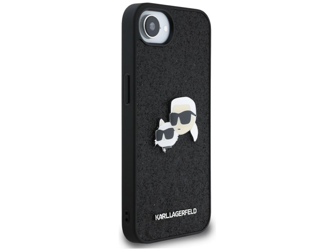 Funda para iPhone 16e Karl Lagerfeld Fixed Glitter Karl&Choupette Heads con pasador metálico - Negra