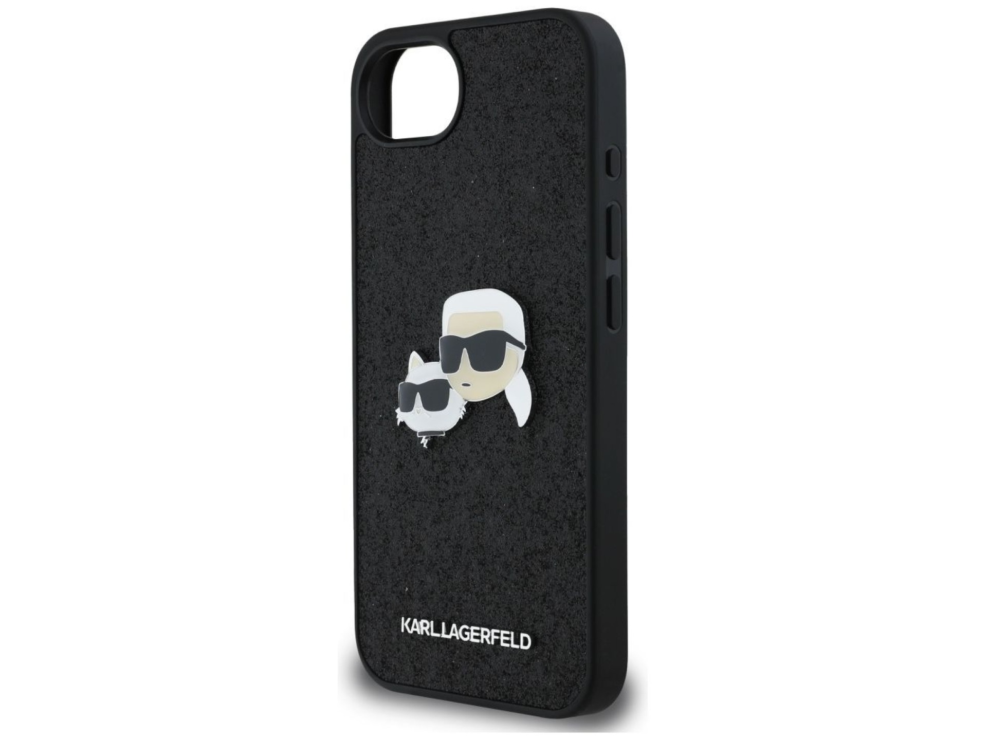 Funda para iPhone 16e Karl Lagerfeld Fixed Glitter Karl&Choupette Heads con pasador metálico - Negra