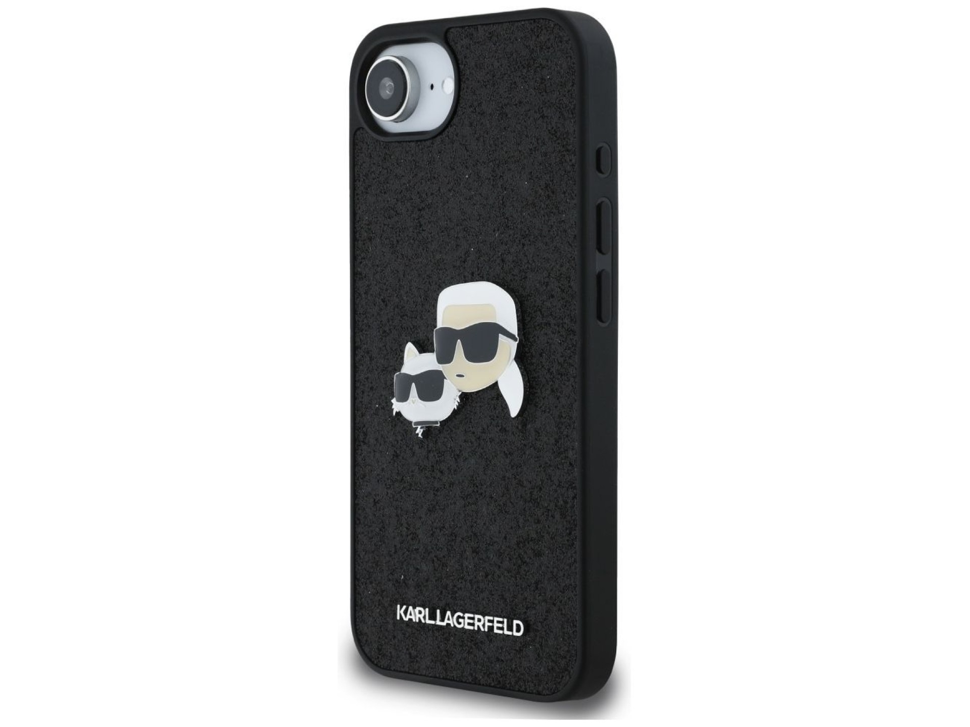 Funda para iPhone 16e Karl Lagerfeld Fixed Glitter Karl&Choupette Heads con pasador metálico - Negra