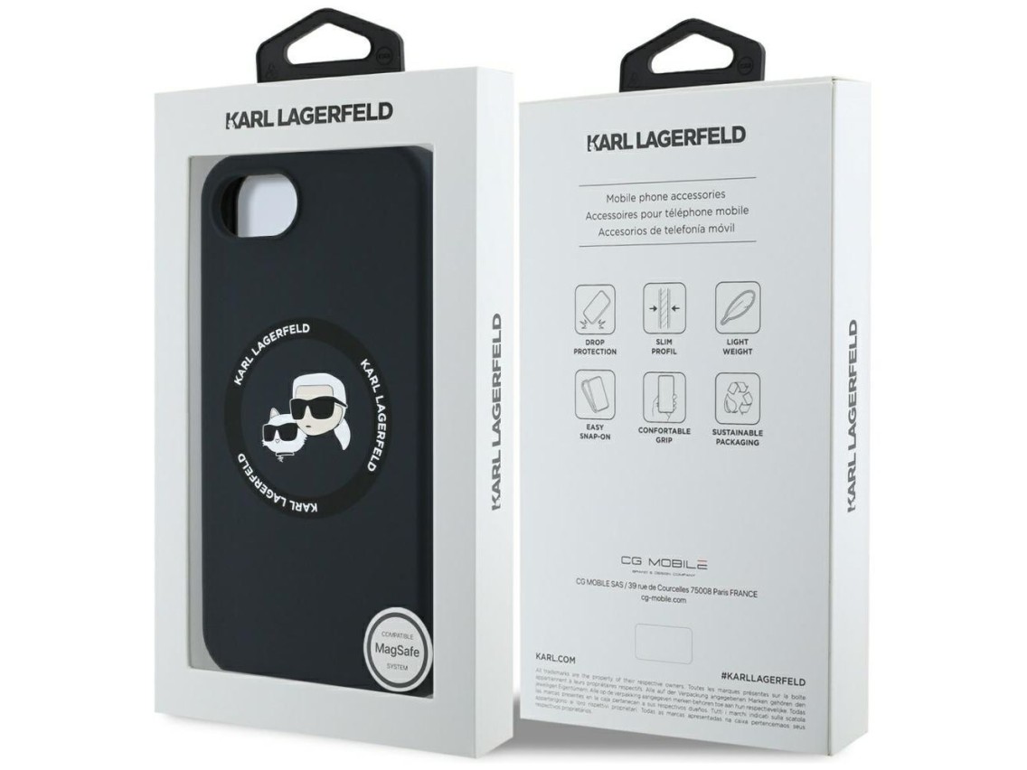 Karl Lagerfeld Liquid Silicone Karl & Choupette Heads Case with MagSafe for iPhone 16e - Black