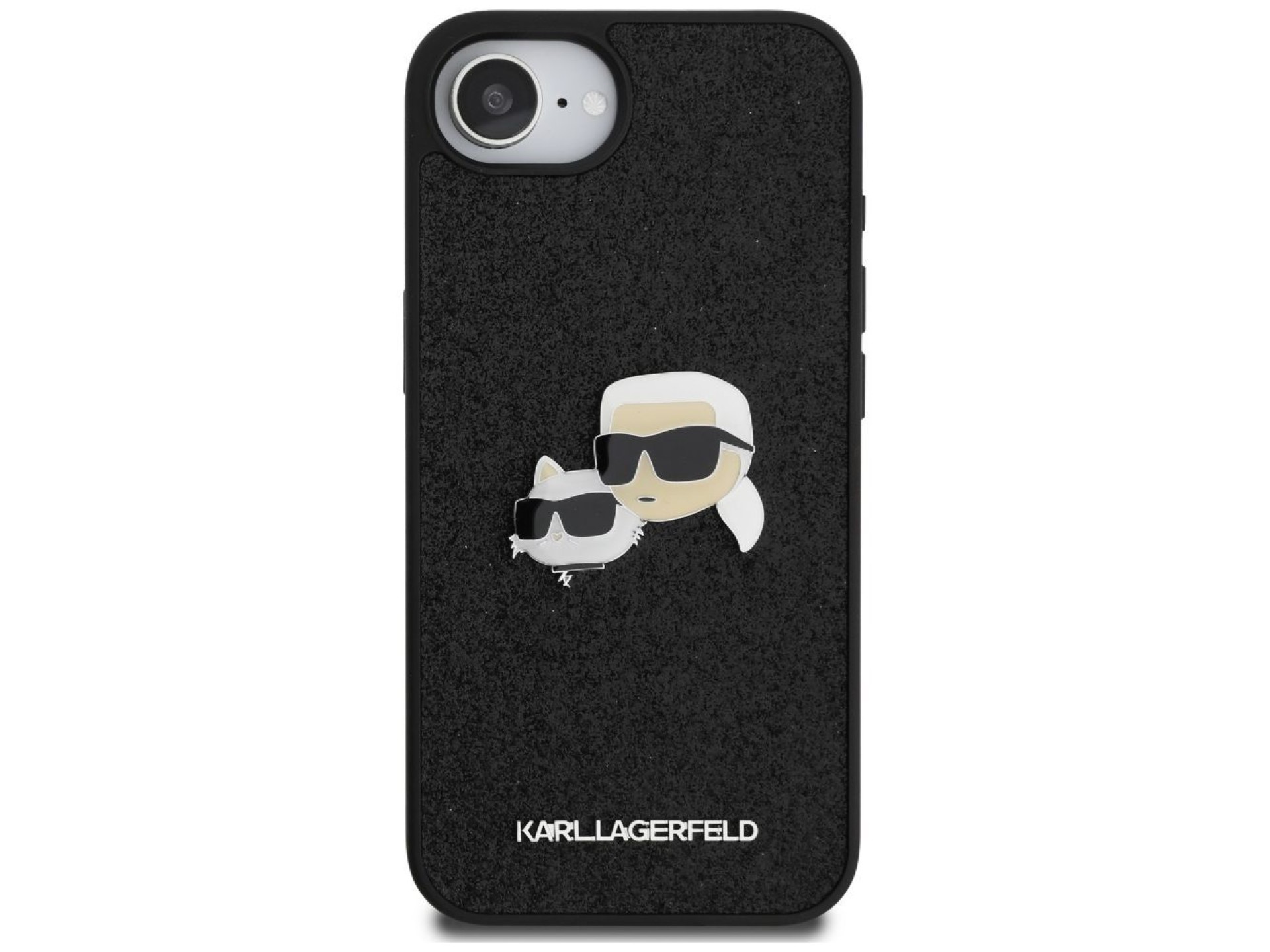 Funda para iPhone 16e Karl Lagerfeld Fixed Glitter Karl&Choupette Heads con pasador metálico - Negra