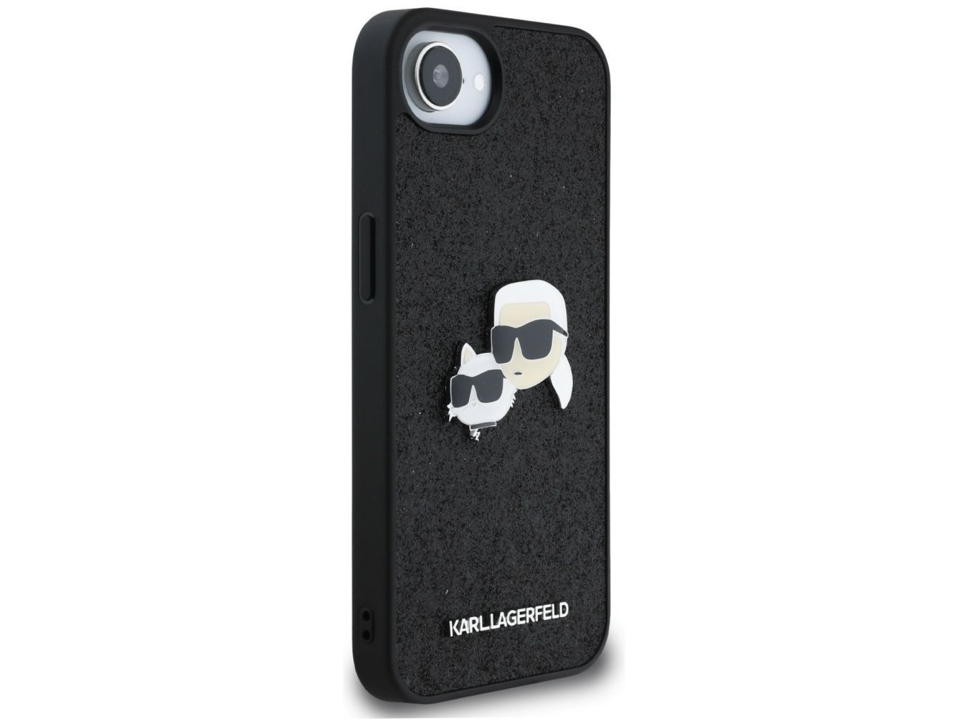 Funda para iPhone 16e Karl Lagerfeld Fixed Glitter Karl&Choupette Heads con pasador metálico - Negra