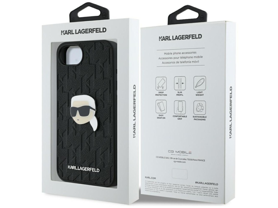 Capa para iPhone 16e com broche e monograma Karl Lagerfeld - Preta