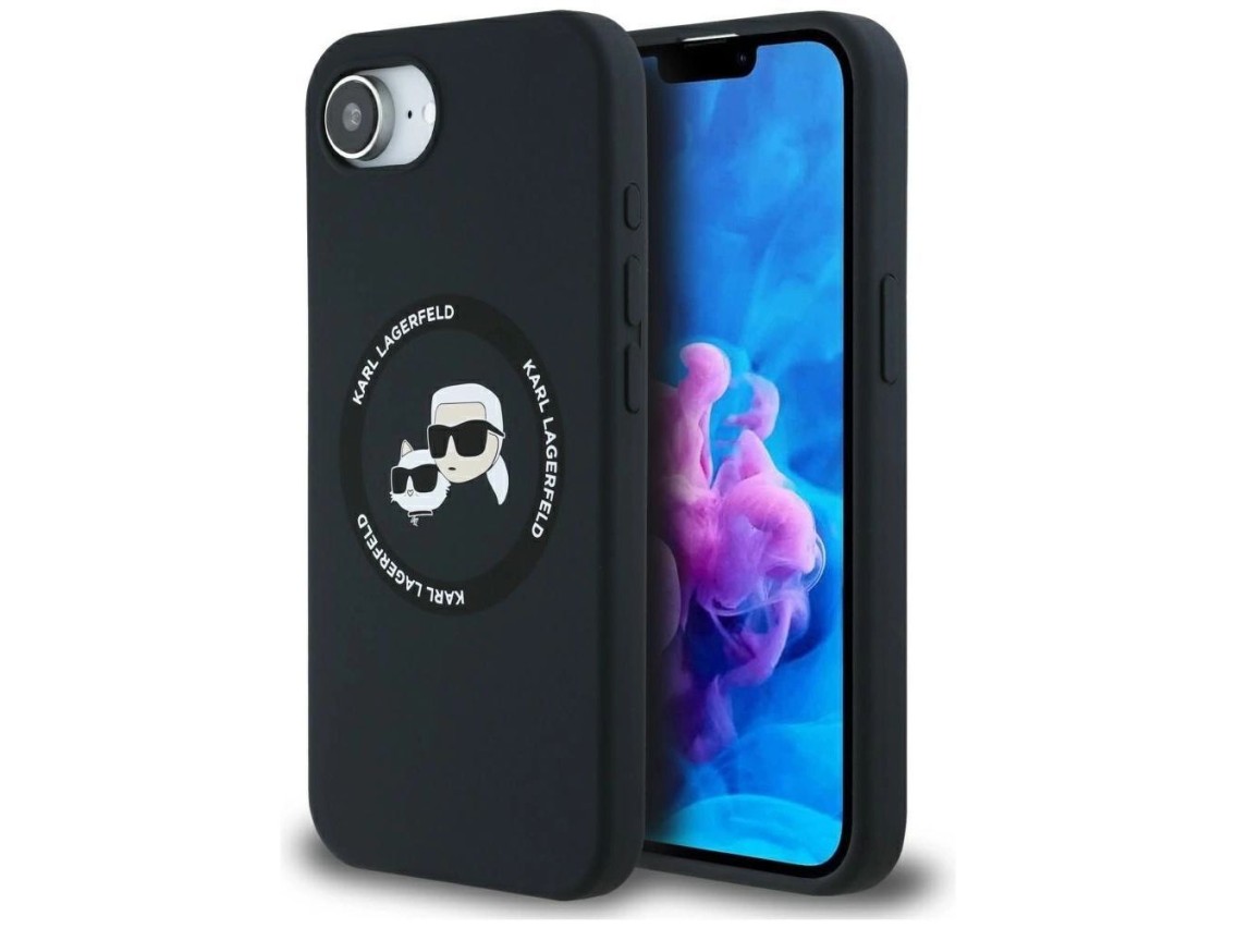 Karl Lagerfeld Liquid Silicone Karl & Choupette Heads Case with MagSafe for iPhone 16e - Black