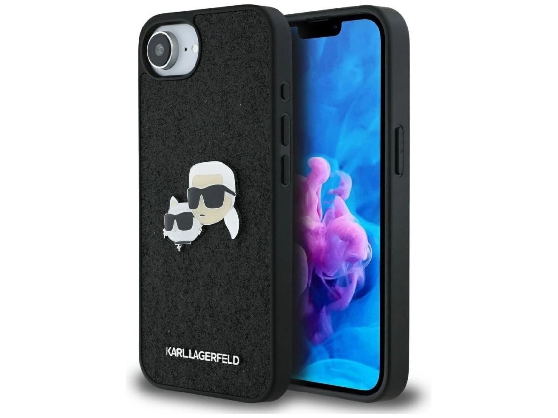 Funda para iPhone 16e Karl Lagerfeld Fixed Glitter Karl&Choupette Heads con pasador metálico - Negra