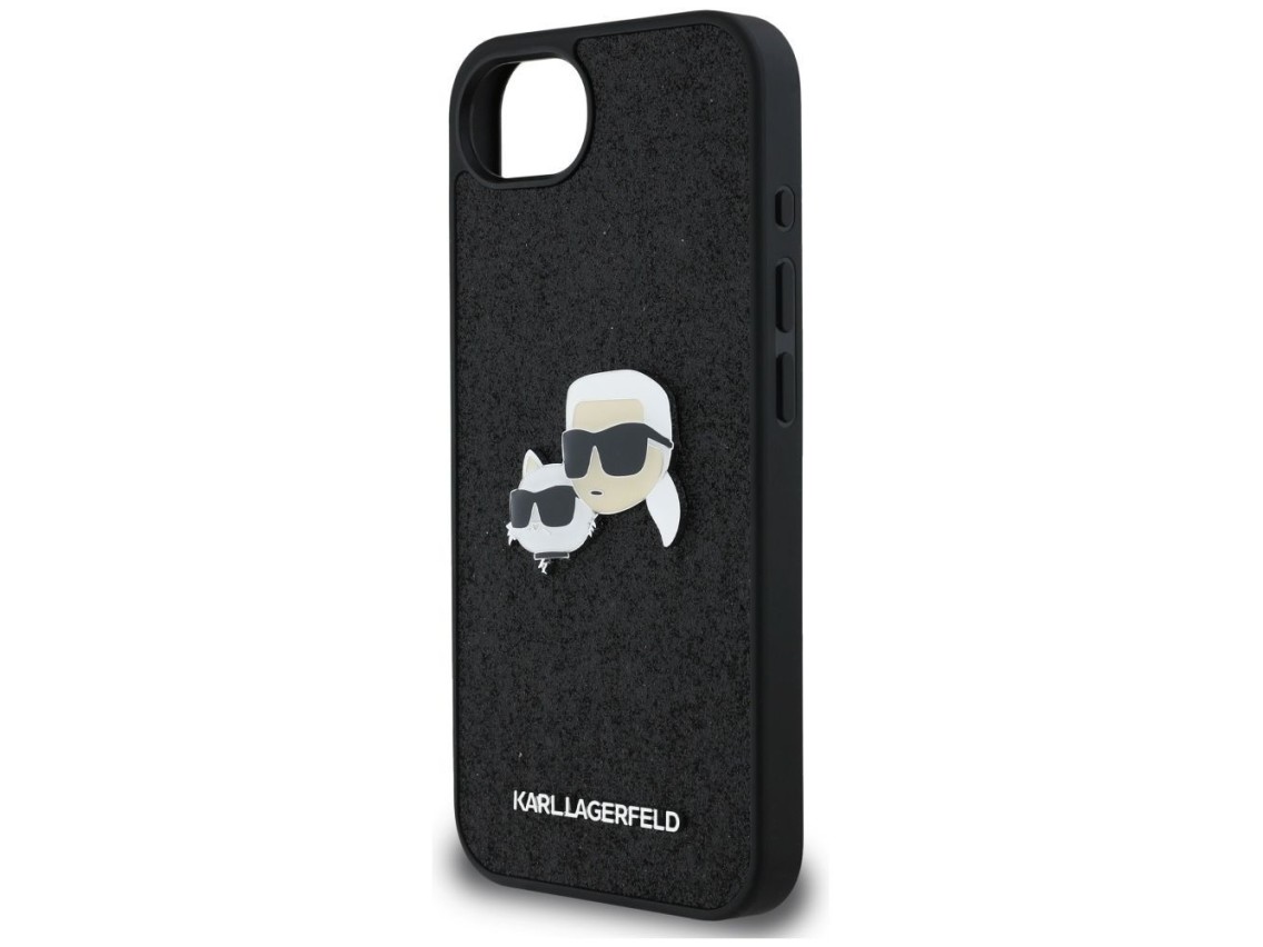 Funda para iPhone 16e Karl Lagerfeld Fixed Glitter Karl&Choupette Heads con pasador metálico - Negra
