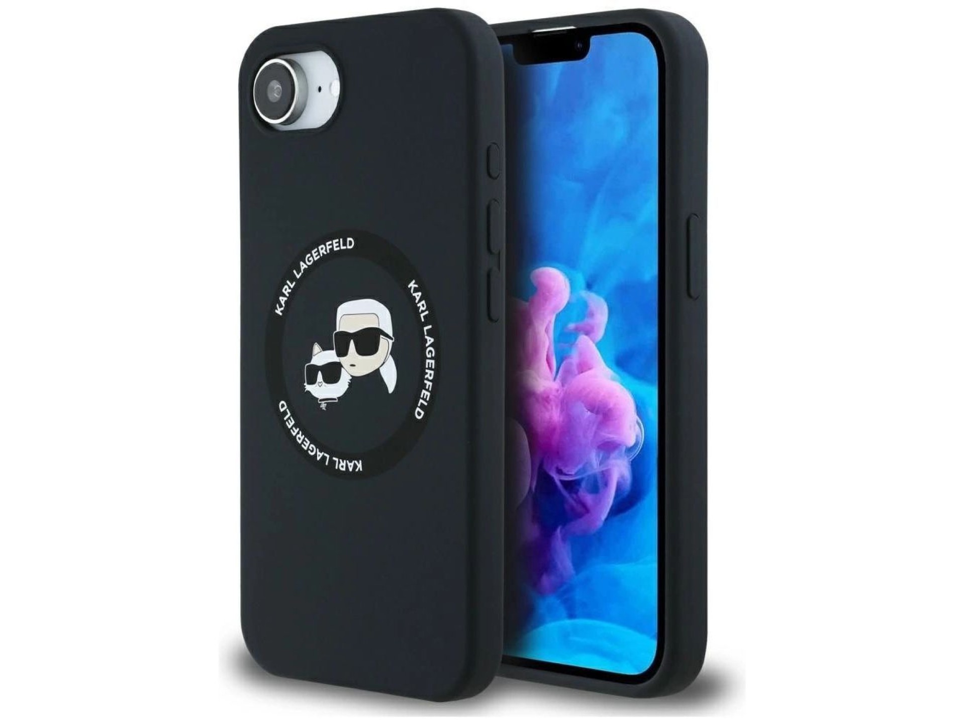 Karl Lagerfeld Liquid Silicone Karl & Choupette Heads Case with MagSafe for iPhone 16e - Black