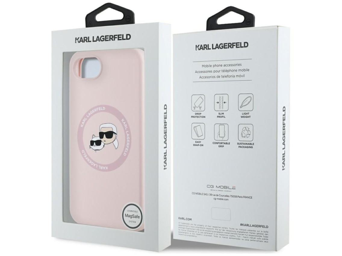 Capa MagSafe para iPhone 16e com estampa das cabeças de Karl Lagerfeld e Chopupette em silicone - Ro