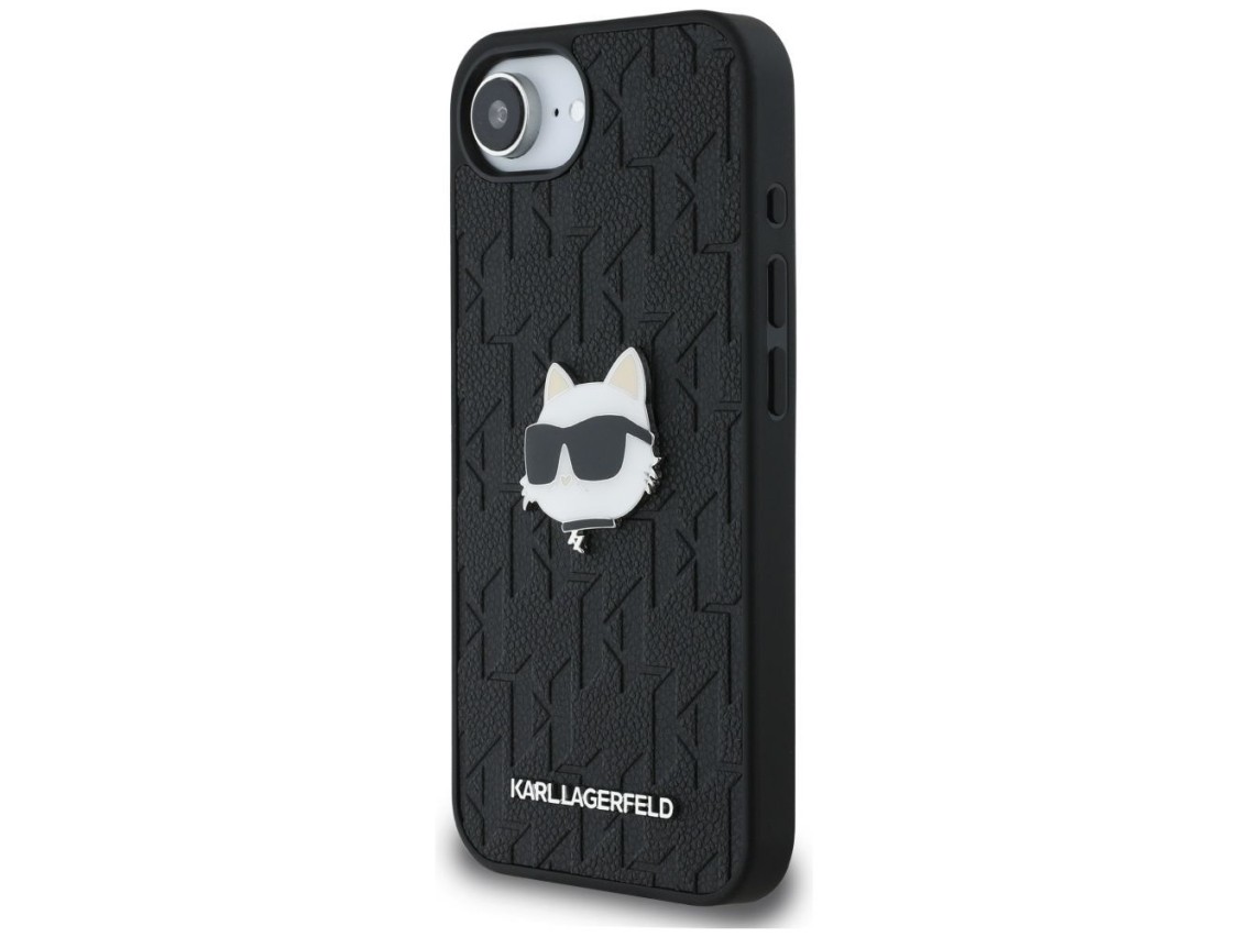 Funda para iPhone 16e con broche de cabeza Choupette y monograma de Karl Lagerfeld - Negra