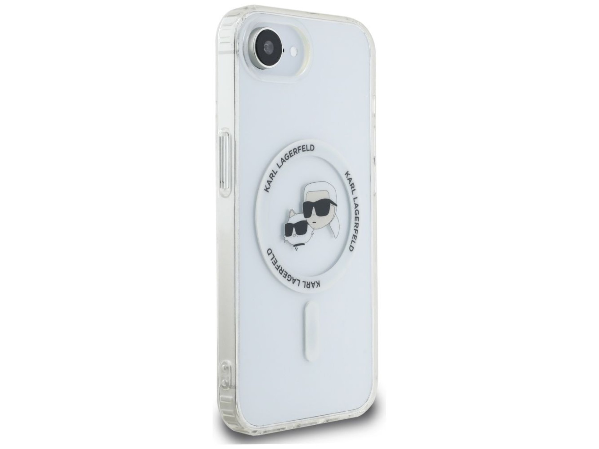 Funda Karl Lagerfeld IML Metal Karl & Choupette Heads MagSafe para iPhone 16e - Blanca