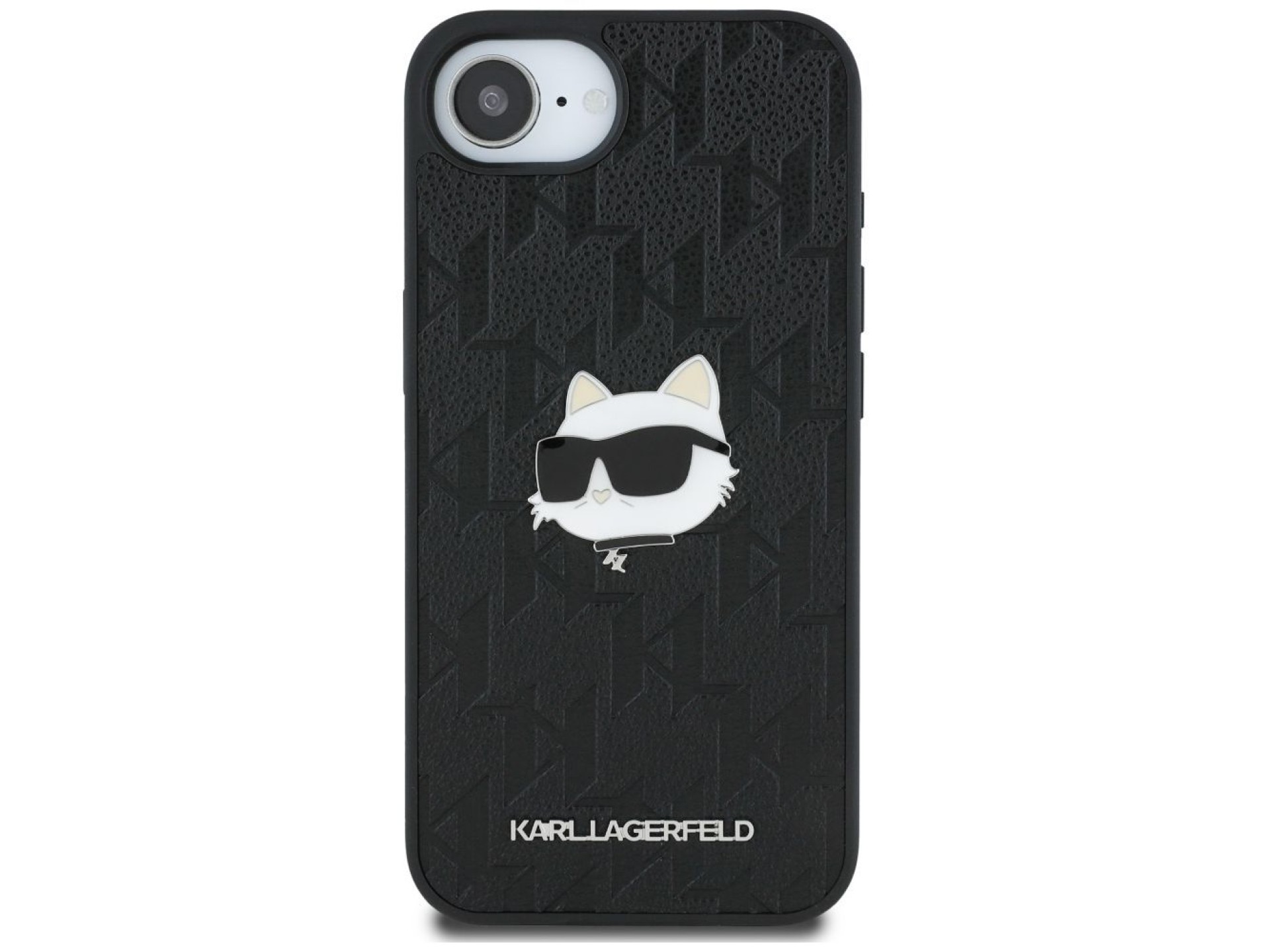 Funda para iPhone 16e con broche de cabeza Choupette y monograma de Karl Lagerfeld - Negra
