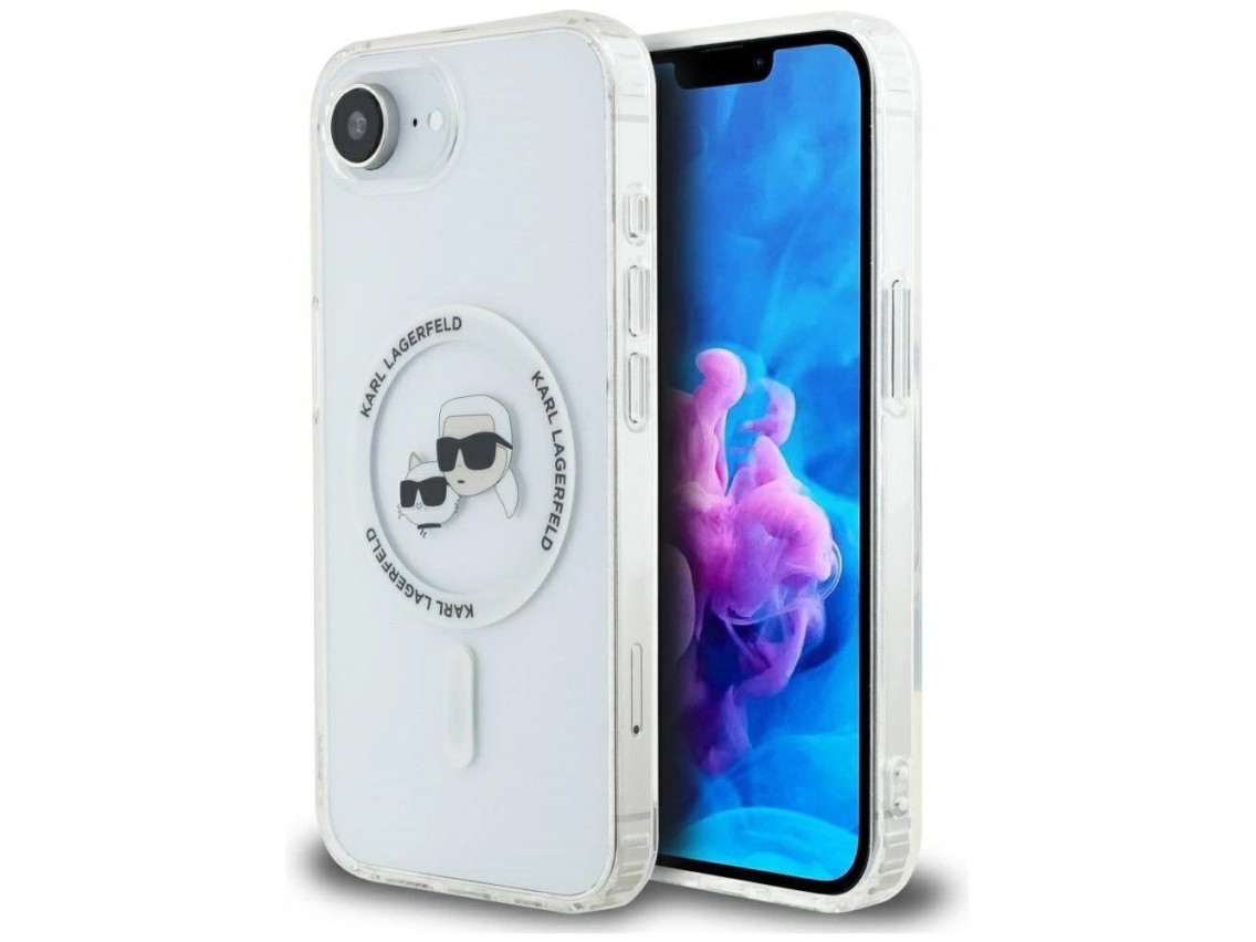 Funda Karl Lagerfeld IML Metal Karl & Choupette Heads MagSafe para iPhone 16e - Blanca