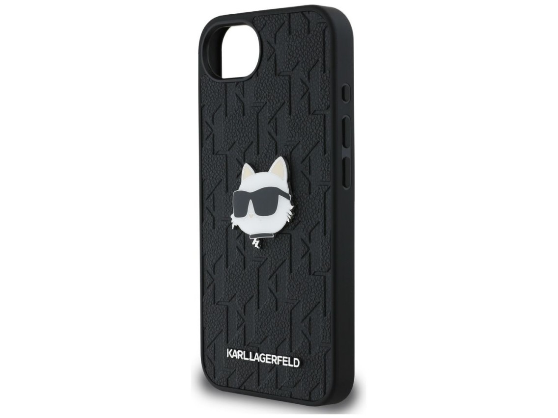 Funda para iPhone 16e con broche de cabeza Choupette y monograma de Karl Lagerfeld - Negra