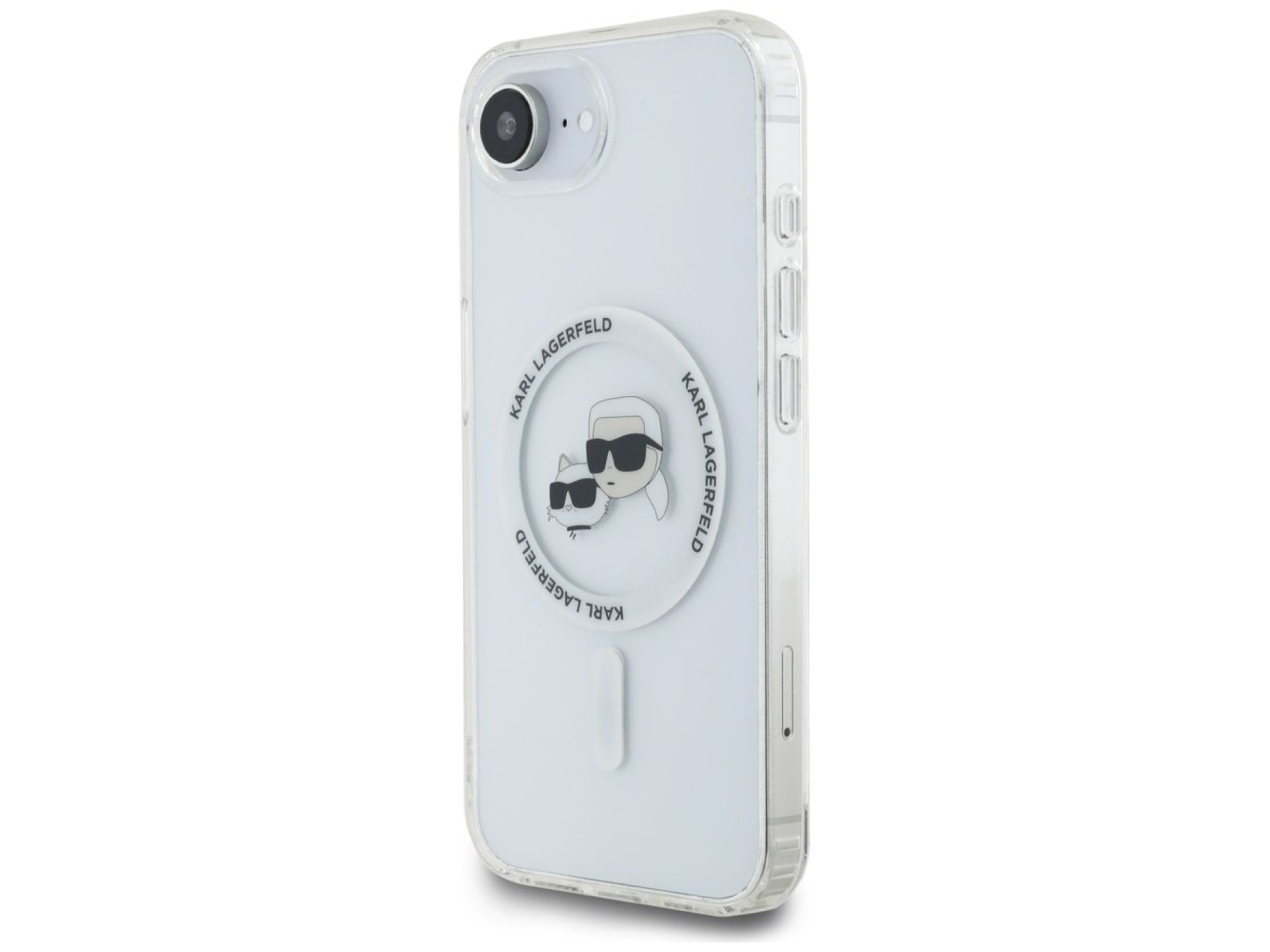 Funda Karl Lagerfeld IML Metal Karl & Choupette Heads MagSafe para iPhone 16e - Blanca