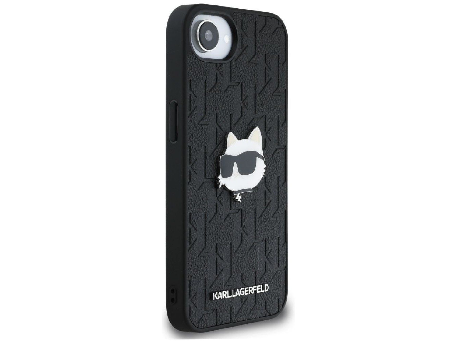 Funda para iPhone 16e con broche de cabeza Choupette y monograma de Karl Lagerfeld - Negra