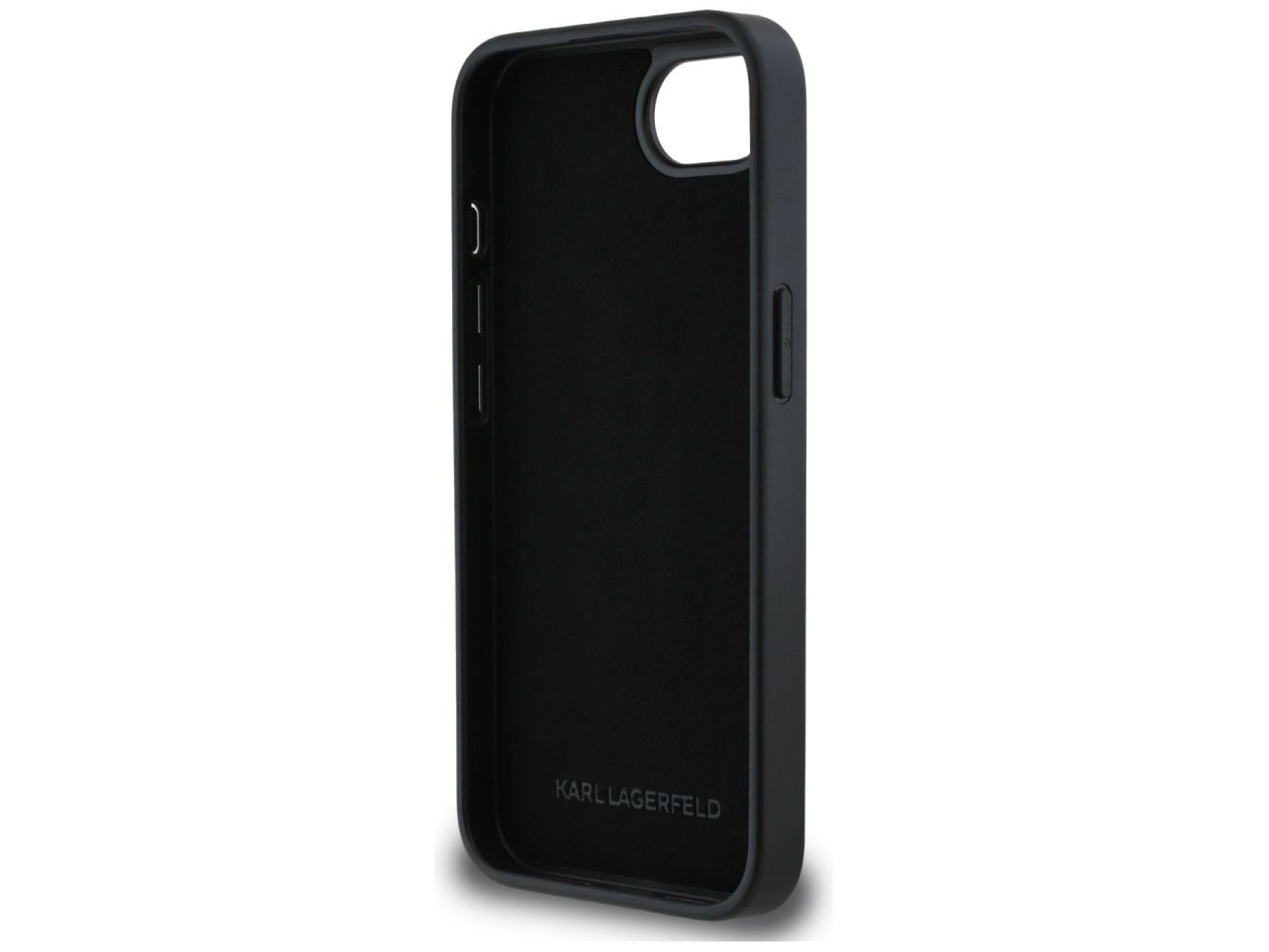 Funda para iPhone 16e con broche de cabeza Choupette y monograma de Karl Lagerfeld - Negra