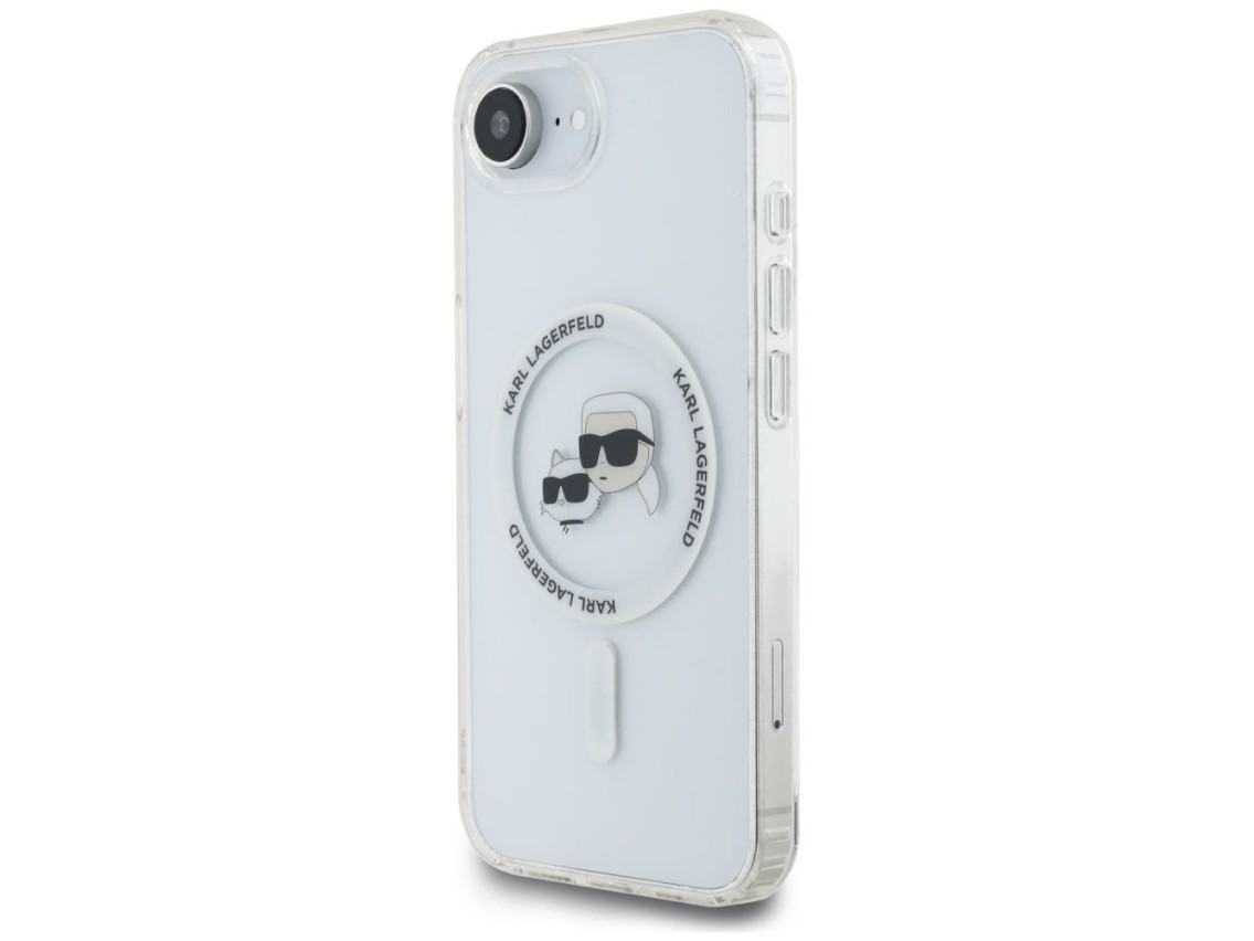 Funda Karl Lagerfeld IML Metal Karl & Choupette Heads MagSafe para iPhone 16e - Blanca