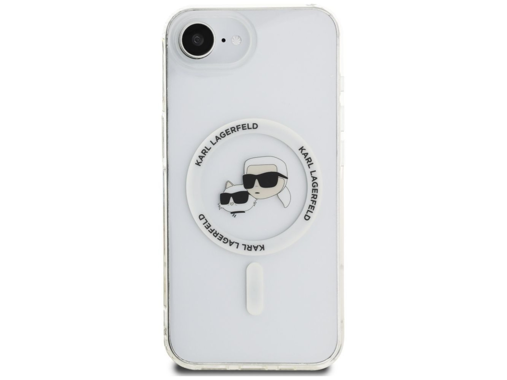 Funda Karl Lagerfeld IML Metal Karl & Choupette Heads MagSafe para iPhone 16e - Blanca