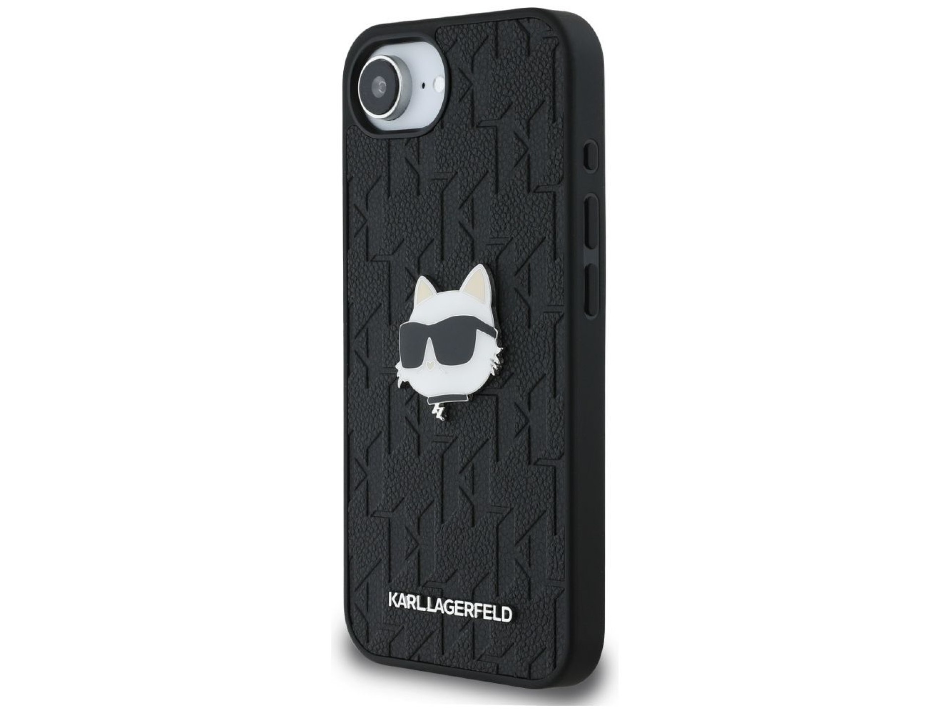 Funda para iPhone 16e con broche de cabeza Choupette y monograma de Karl Lagerfeld - Negra