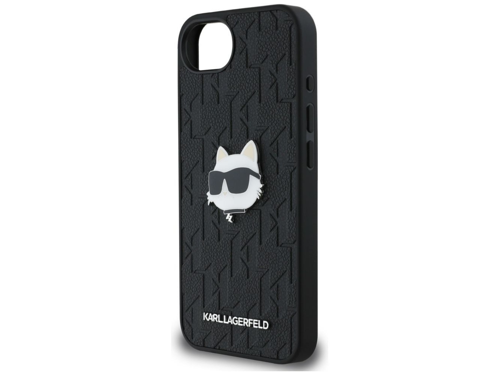 Funda para iPhone 16e con broche de cabeza Choupette y monograma de Karl Lagerfeld - Negra