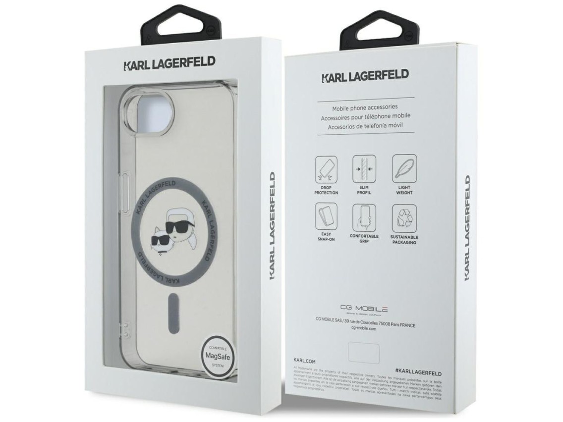 Capa MagSafe para iPhone 16e com as cabeças de Karl Lagerfeld IML Metal Karl & Choupette - Preta