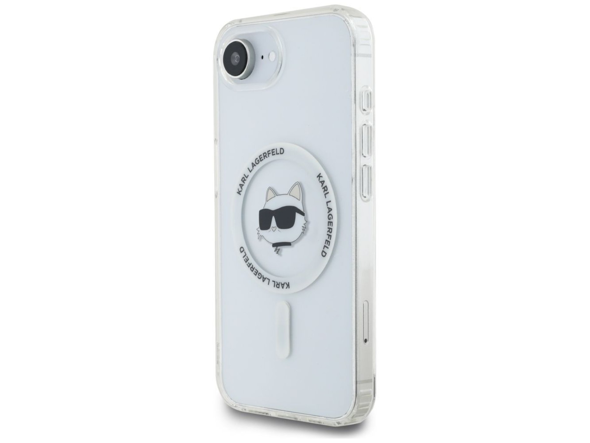 Capa MagSafe Karl Lagerfeld IML Metal Choupette Head para iPhone 16e - Branca