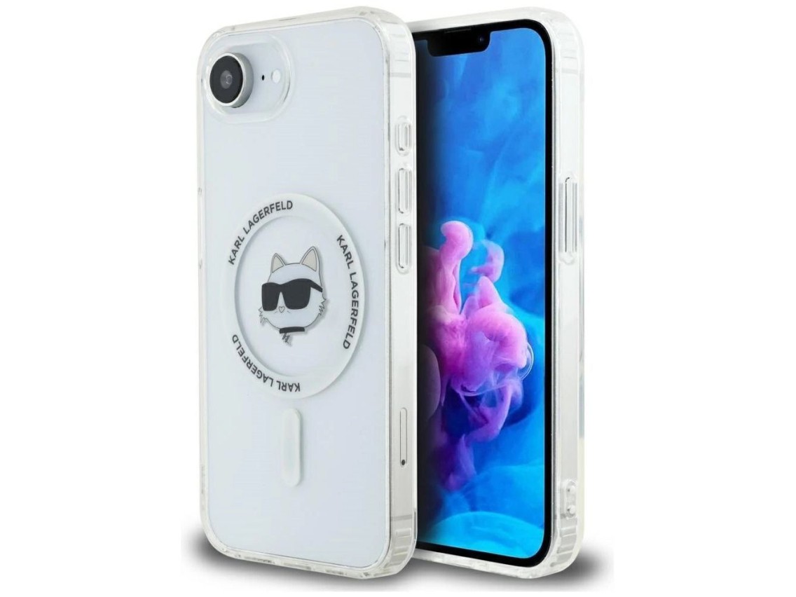 Capa MagSafe Karl Lagerfeld IML Metal Choupette Head para iPhone 16e - Branca