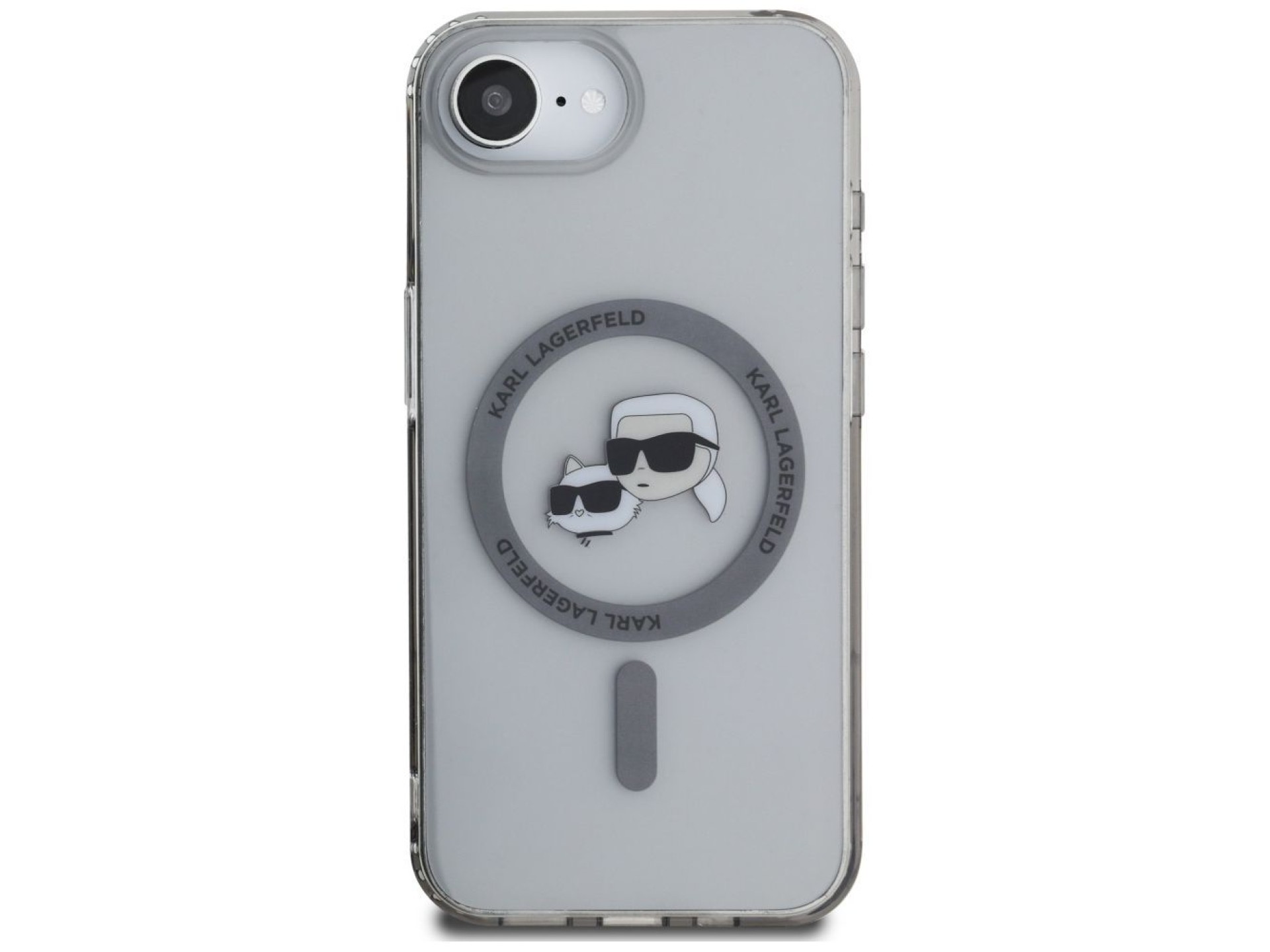 Capa MagSafe para iPhone 16e com as cabeças de Karl Lagerfeld IML Metal Karl & Choupette - Preta
