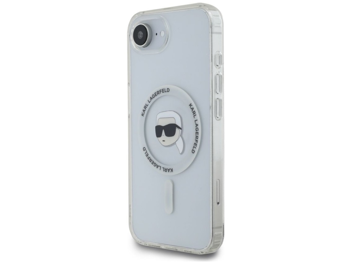 Capa MagSafe Karl Lagerfeld IML Metal Karl Head para iPhone 16e Branca