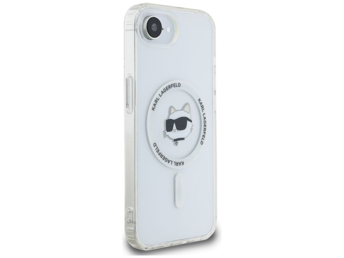 Capa MagSafe Karl Lagerfeld IML Metal Choupette Head para iPhone 16e - Branca