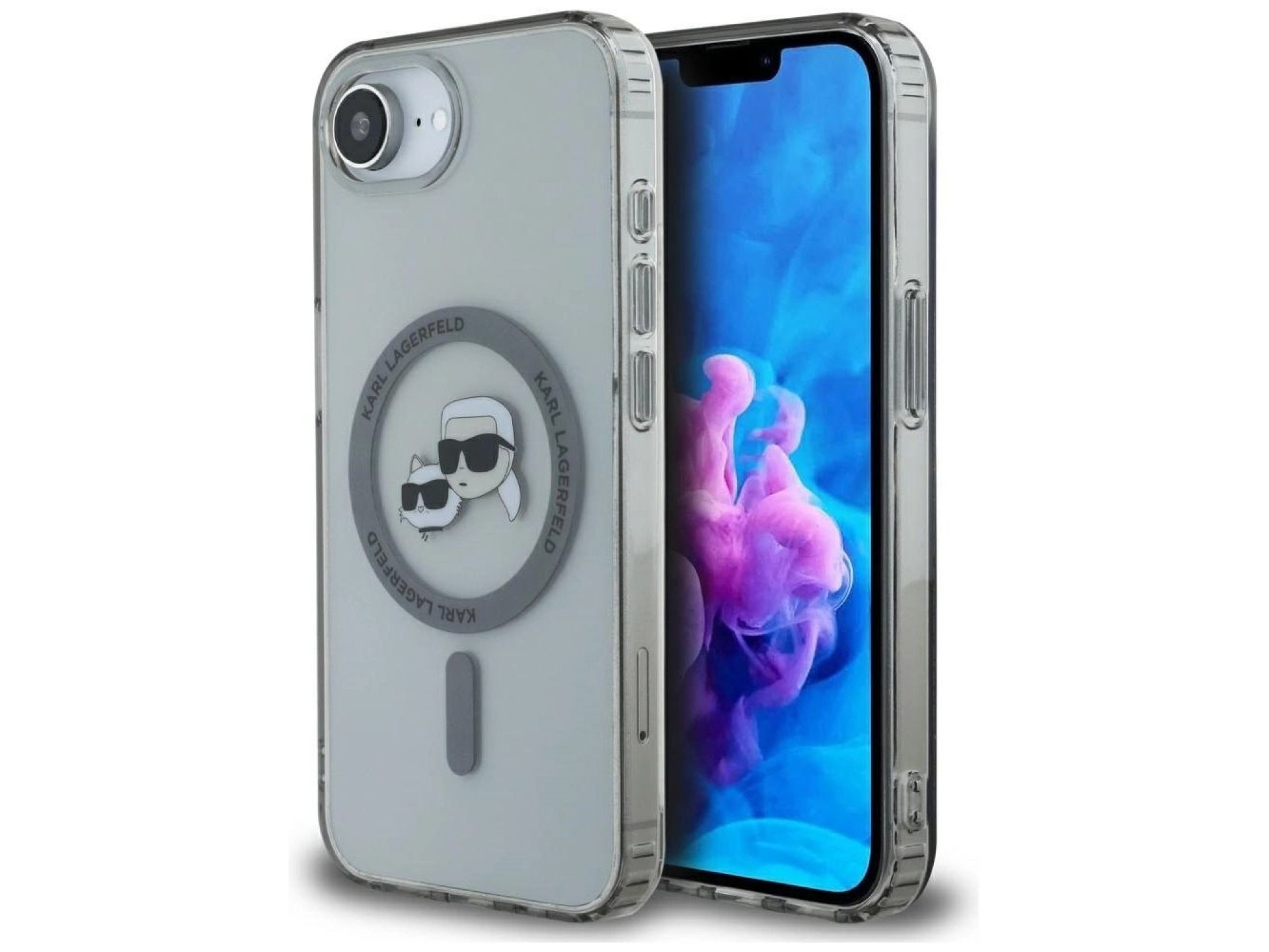Capa MagSafe para iPhone 16e com as cabeças de Karl Lagerfeld IML Metal Karl & Choupette - Preta