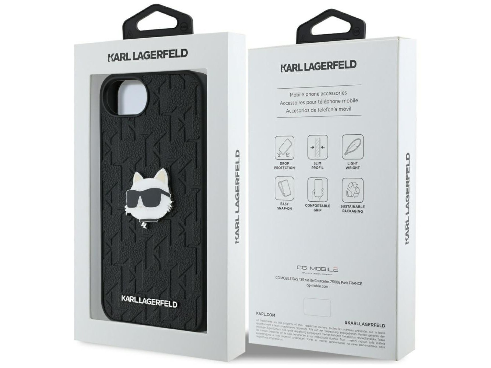 Funda para iPhone 16e con broche de cabeza Choupette y monograma de Karl Lagerfeld - Negra