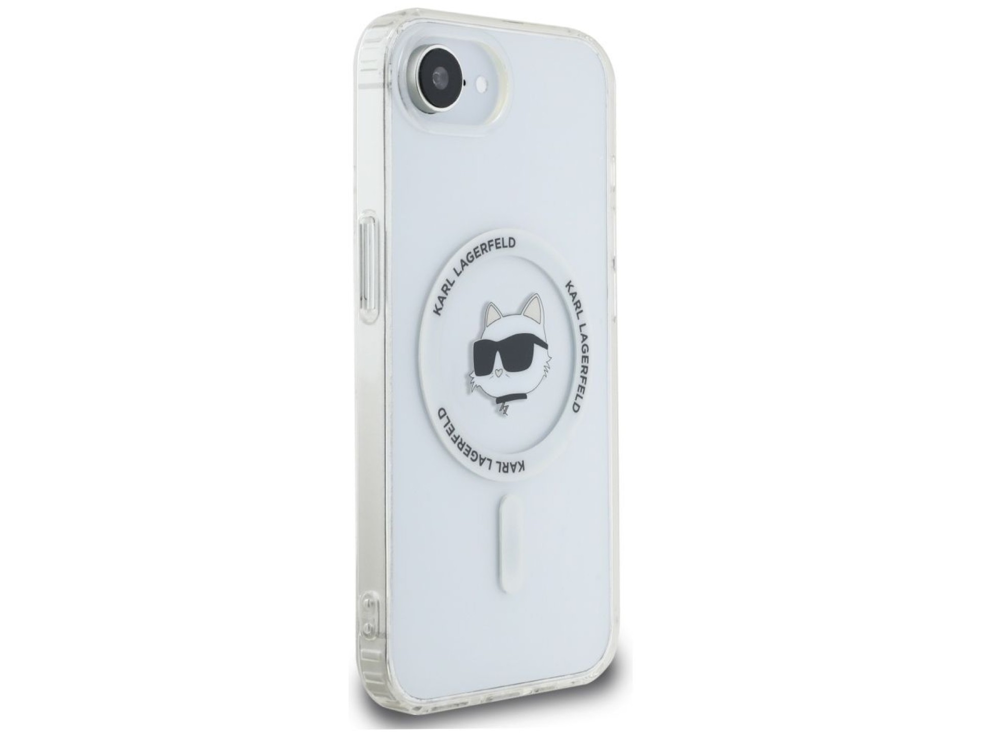 Capa MagSafe Karl Lagerfeld IML Metal Choupette Head para iPhone 16e - Branca