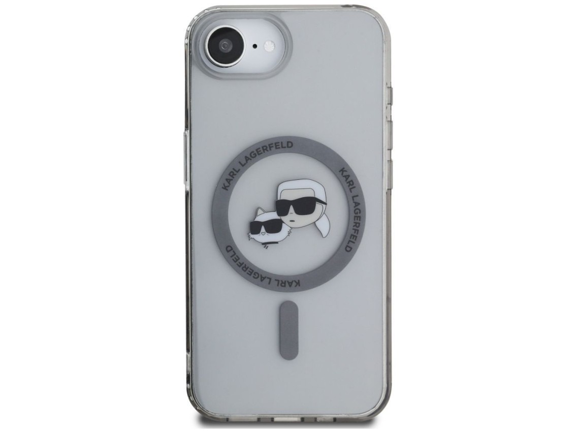 Capa MagSafe para iPhone 16e com as cabeças de Karl Lagerfeld IML Metal Karl & Choupette - Preta