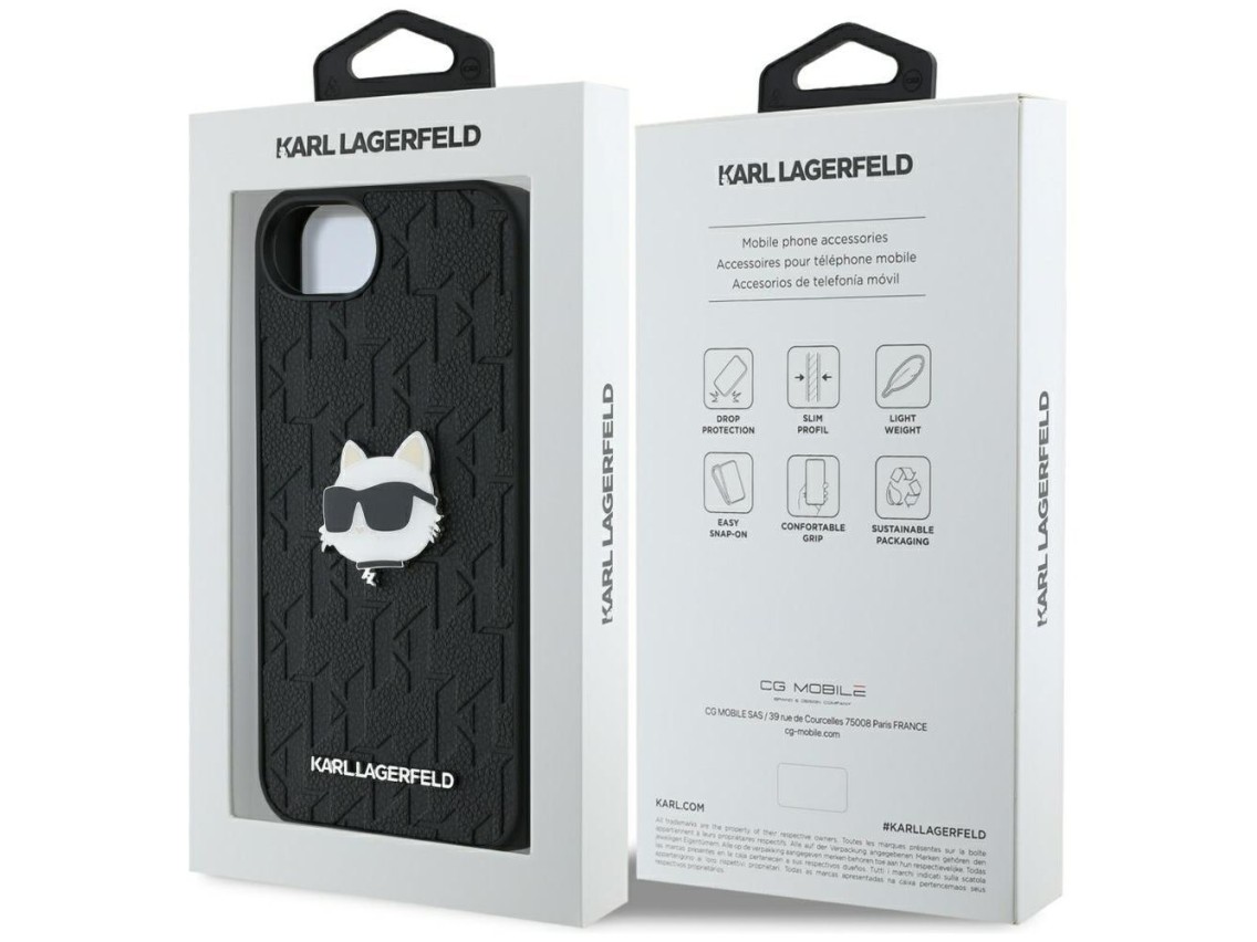 Funda para iPhone 16e con broche de cabeza Choupette y monograma de Karl Lagerfeld - Negra