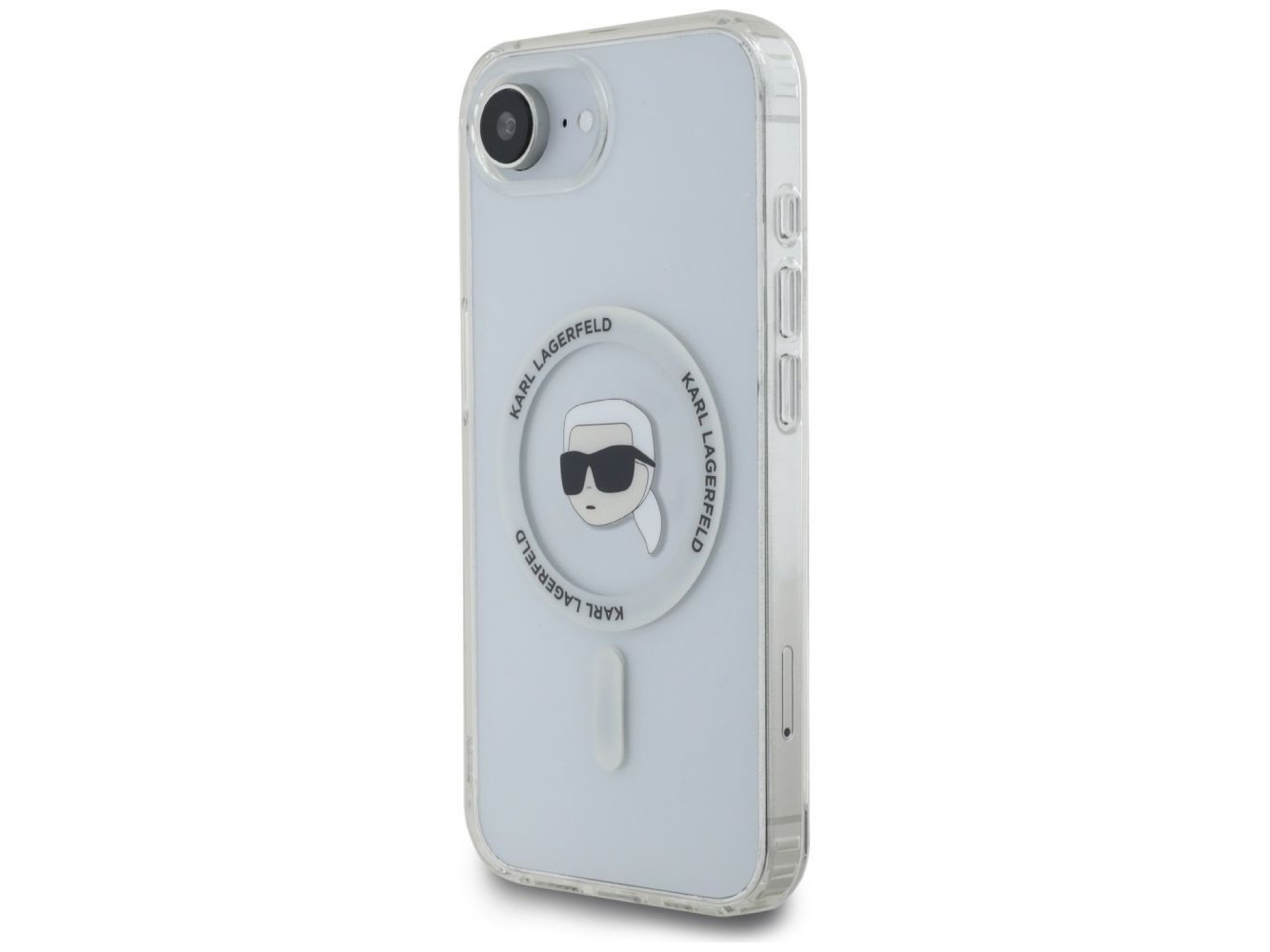 Capa MagSafe Karl Lagerfeld IML Metal Karl Head para iPhone 16e Branca