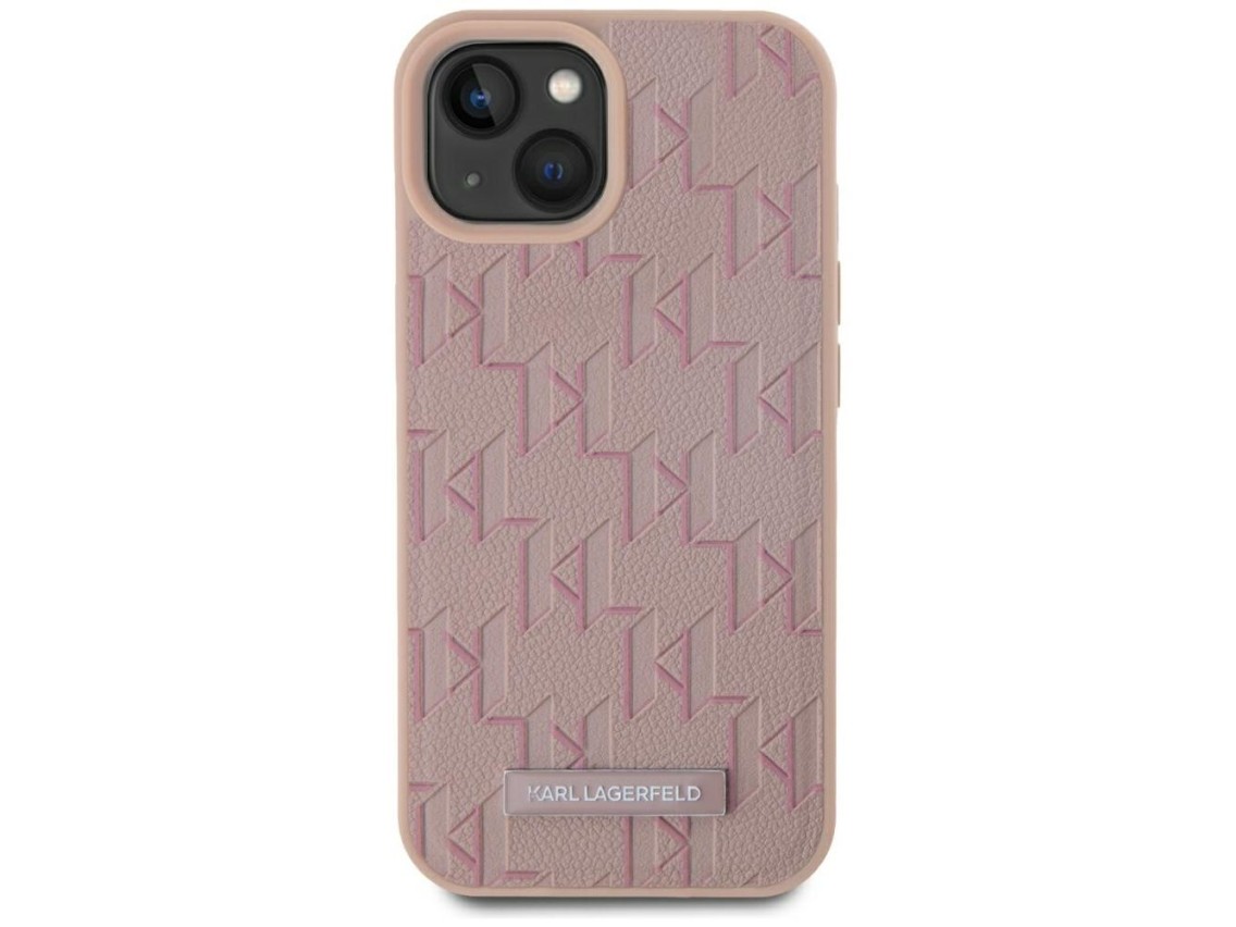 Karl Lagerfeld Leather Monogram Metal Logo MagSafe iPhone 15 Case - Pink
