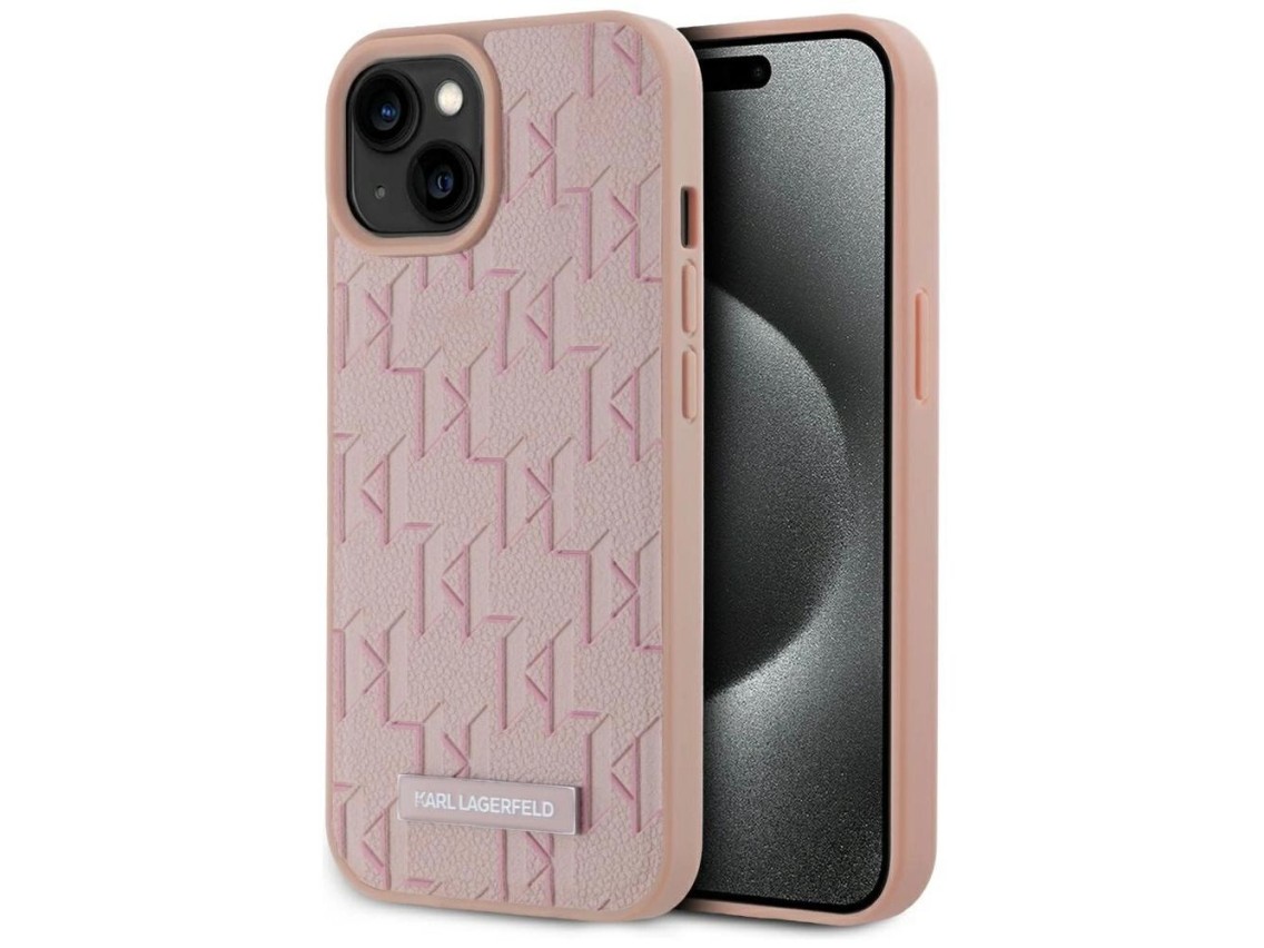 Karl Lagerfeld Leather Monogram Metal Logo MagSafe iPhone 15 Case - Pink