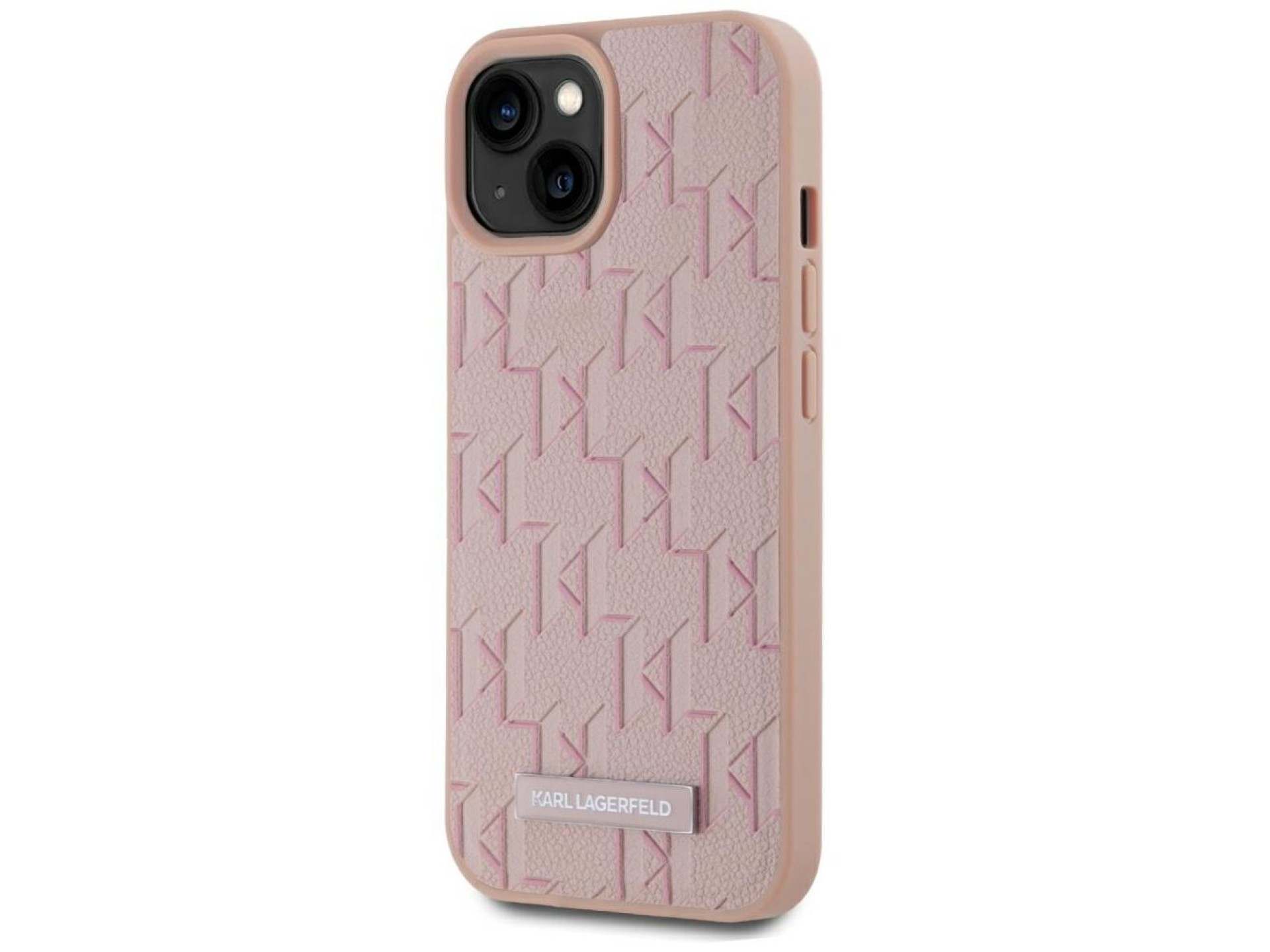 Karl Lagerfeld Leather Monogram Metal Logo MagSafe iPhone 15 Case - Pink