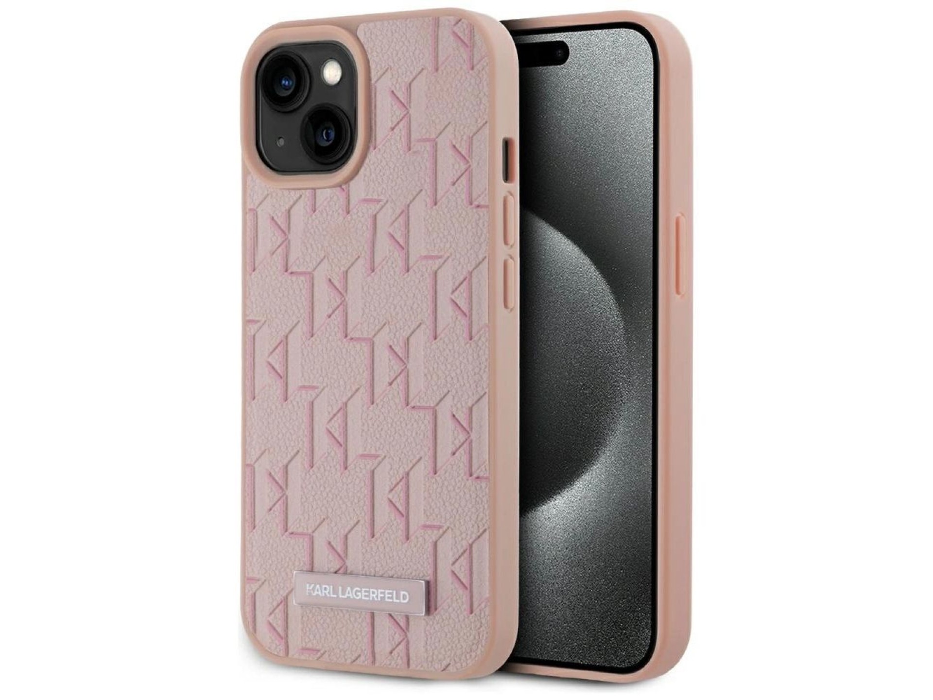 Karl Lagerfeld Leather Monogram Metal Logo MagSafe iPhone 15 Case - Pink