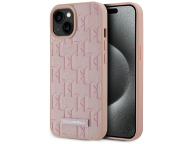 Karl Lagerfeld Leather Monogram Metal Logo MagSafe iPhone 15 Case - Pink Karl Lagerfeld Leather Monogram Metal Logo MagSafe iPhone 15 Case - Pink