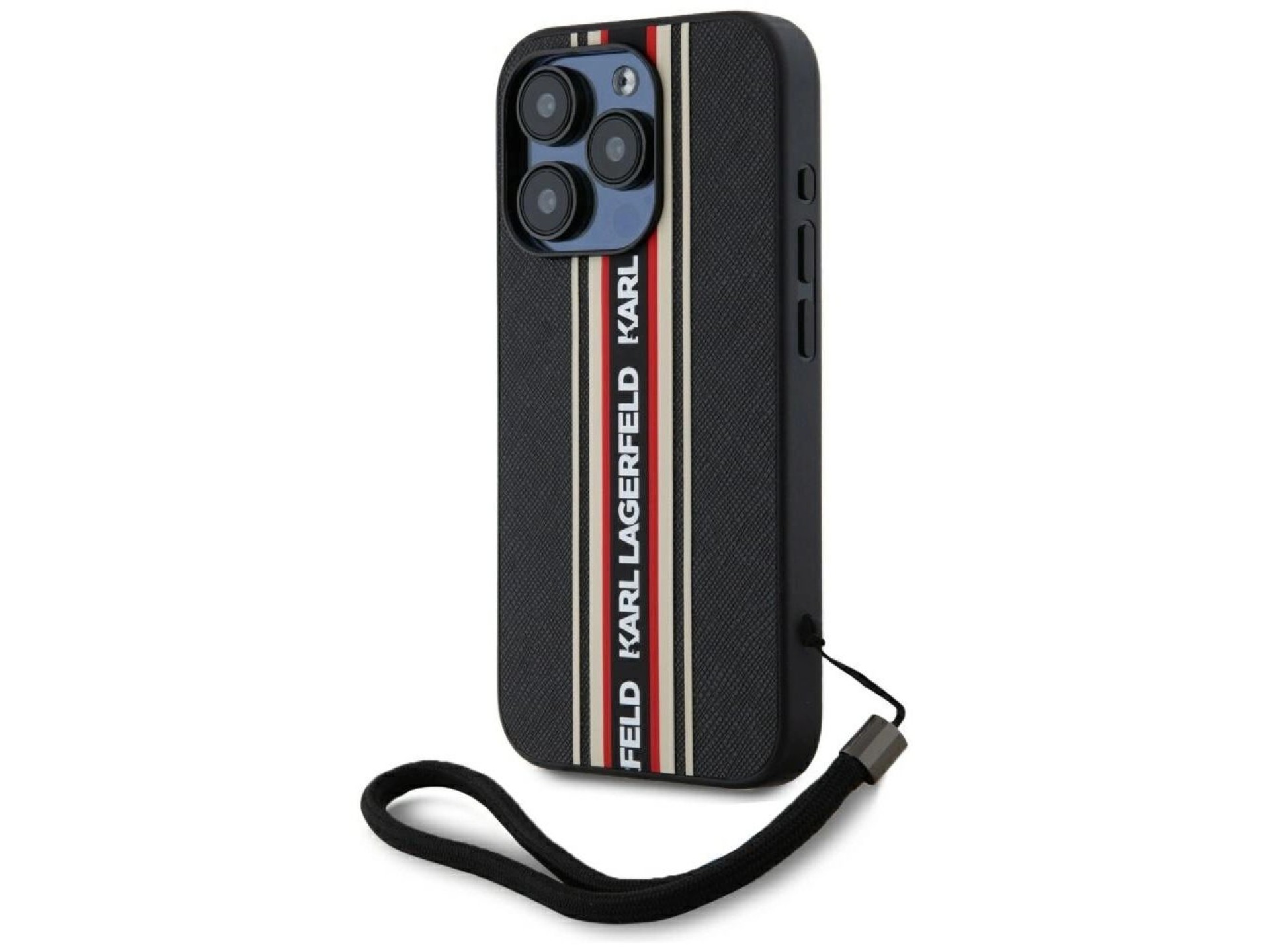 Karl Lagerfeld Saffiano Athleisure Stripes Cord iPhone 15 Pro Max Case - Red