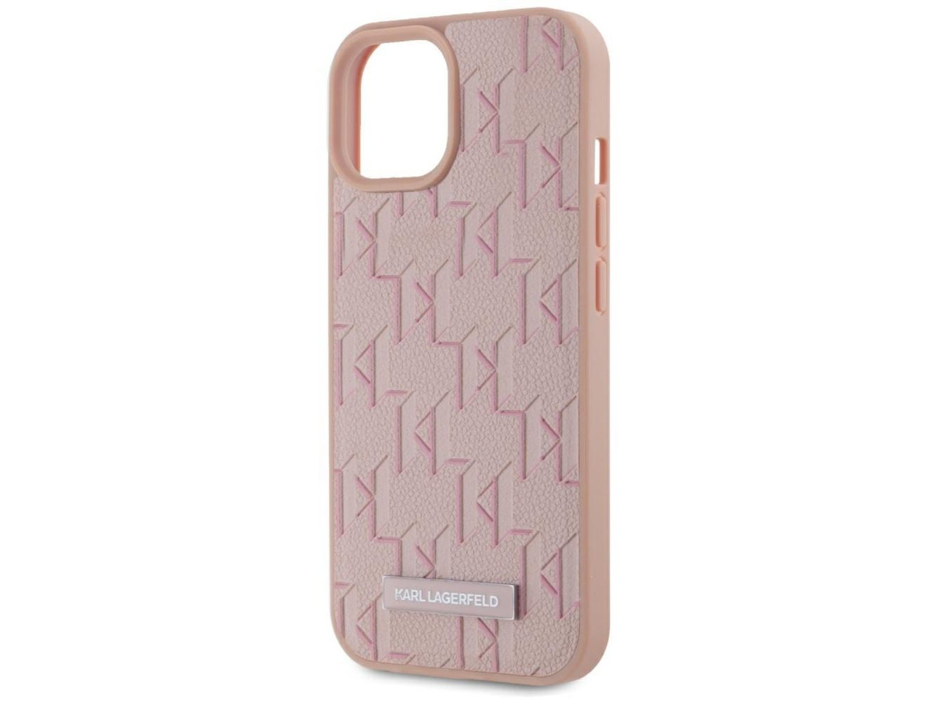 Karl Lagerfeld Leather Monogram Metal Logo MagSafe iPhone 15 Case - Pink