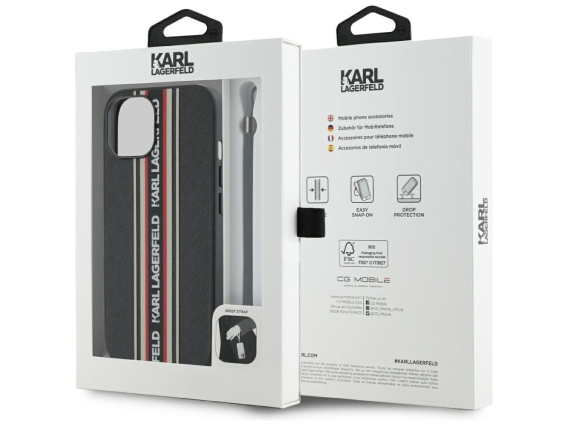 Capa para iPhone 15 Karl Lagerfeld Saffiano Athleisure Stripes Cord - Vermelha