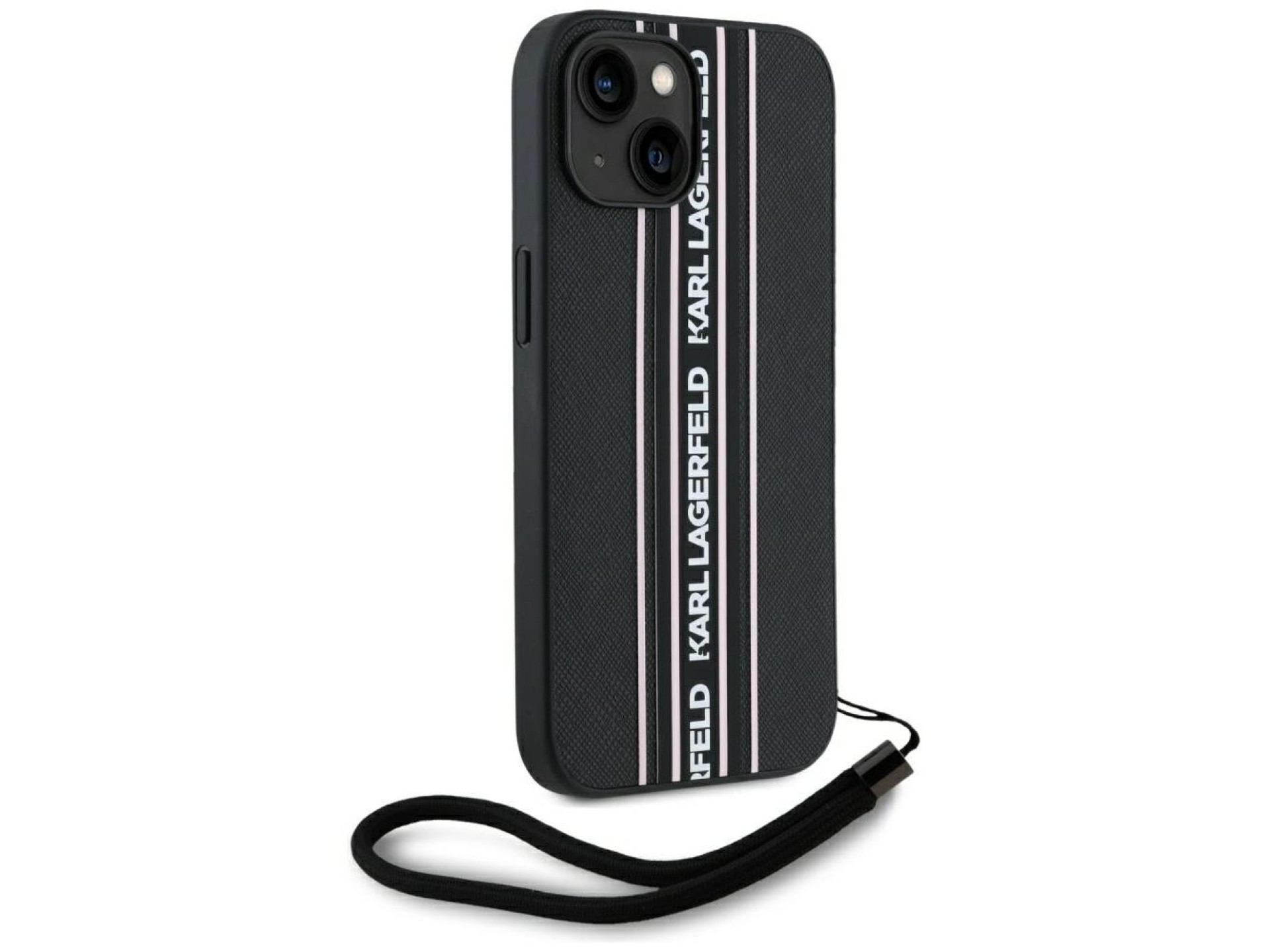Karl Lagerfeld Saffiano Athleisure Stripes Cord iPhone 15 Case - Pink