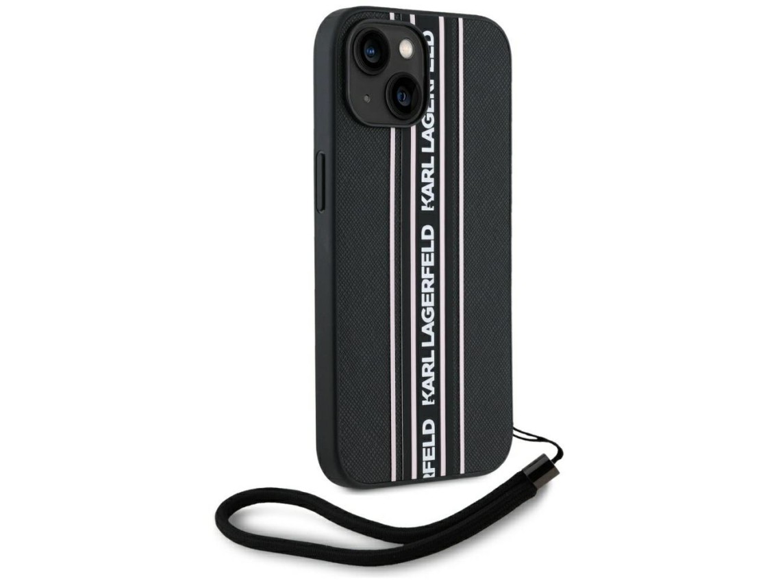 Karl Lagerfeld Saffiano Athleisure Stripes Cord iPhone 15 Case - Pink