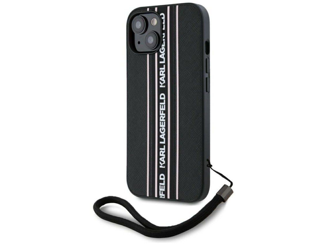 Karl Lagerfeld Saffiano Athleisure Stripes Cord iPhone 15 Case - Pink