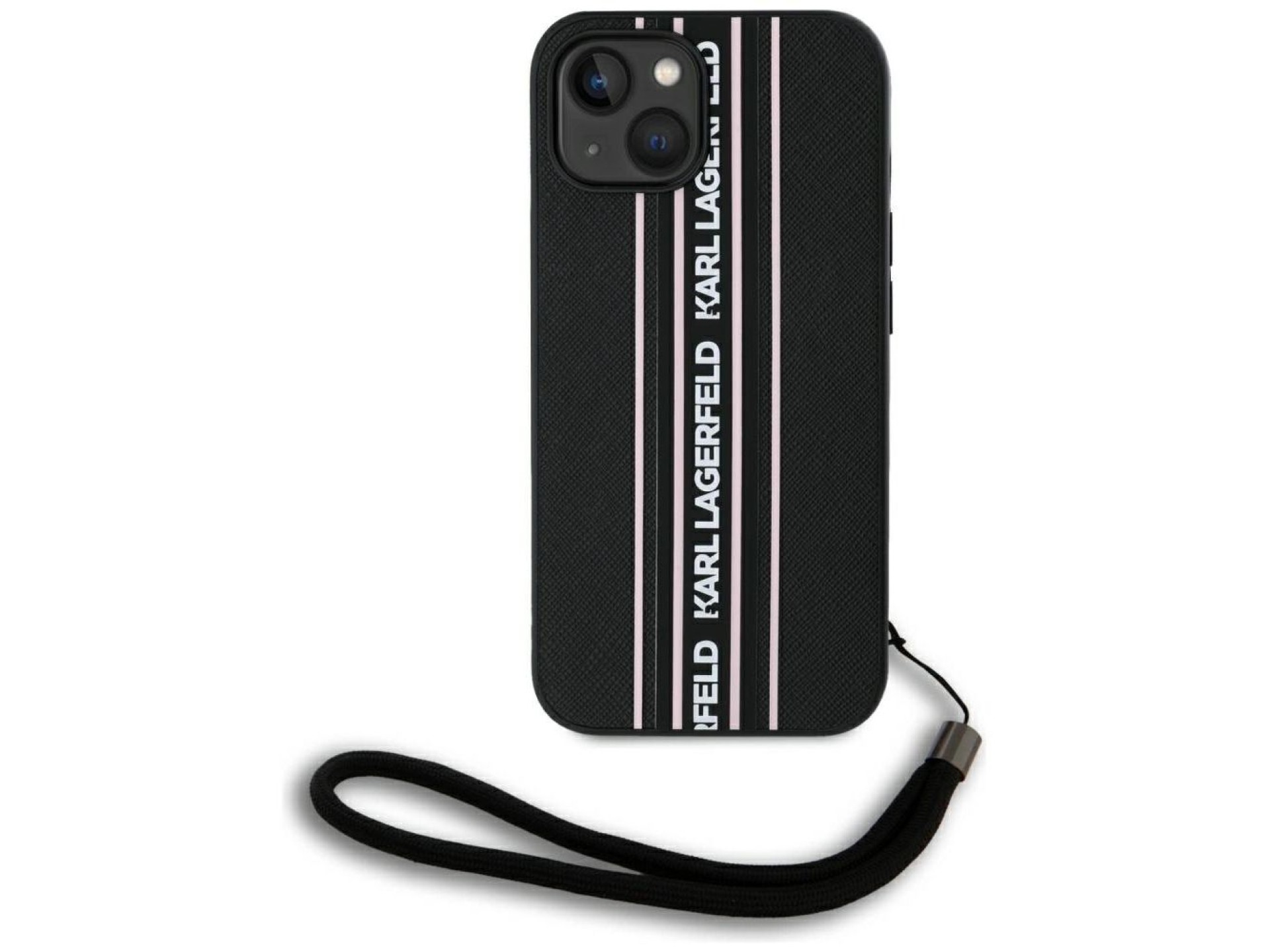 Karl Lagerfeld Saffiano Athleisure Stripes Cord iPhone 15 Case - Pink
