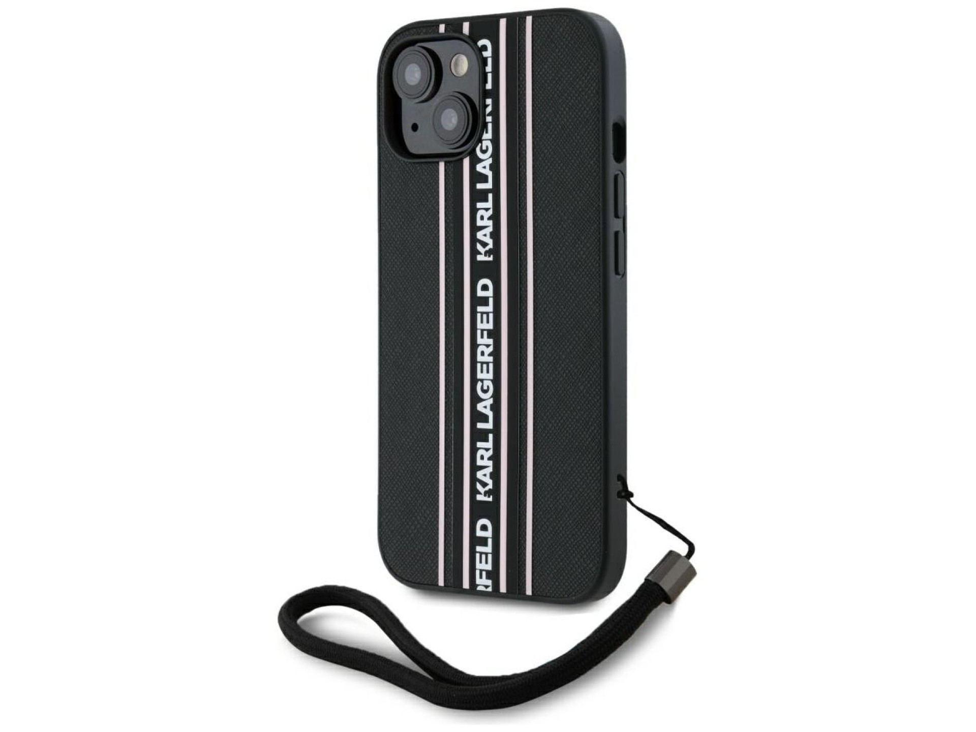 Karl Lagerfeld Saffiano Athleisure Stripes Cord iPhone 15 Case - Pink