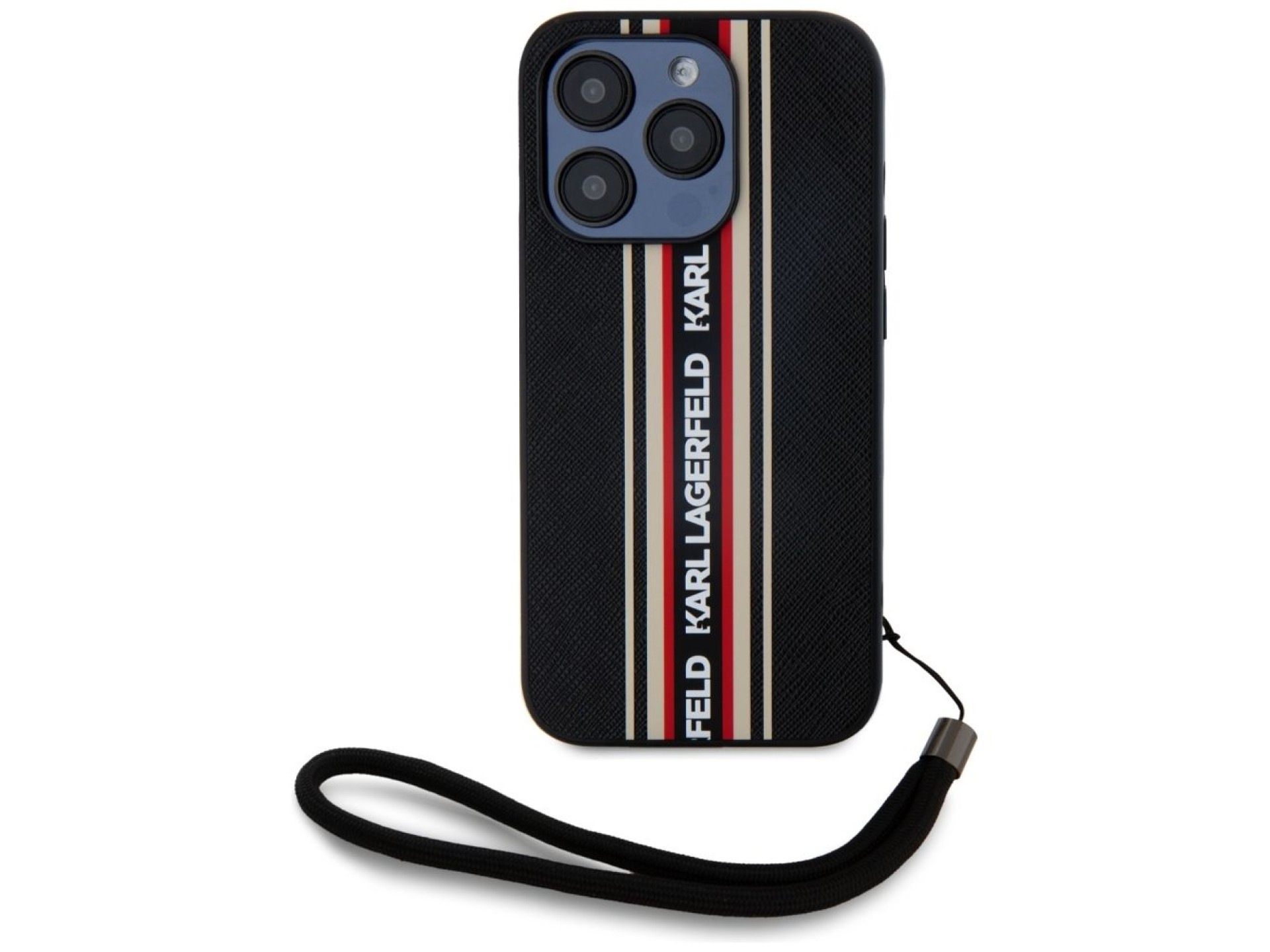 Karl Lagerfeld Saffiano Athleisure Stripes Cord iPhone 15 Pro Max Case - Red